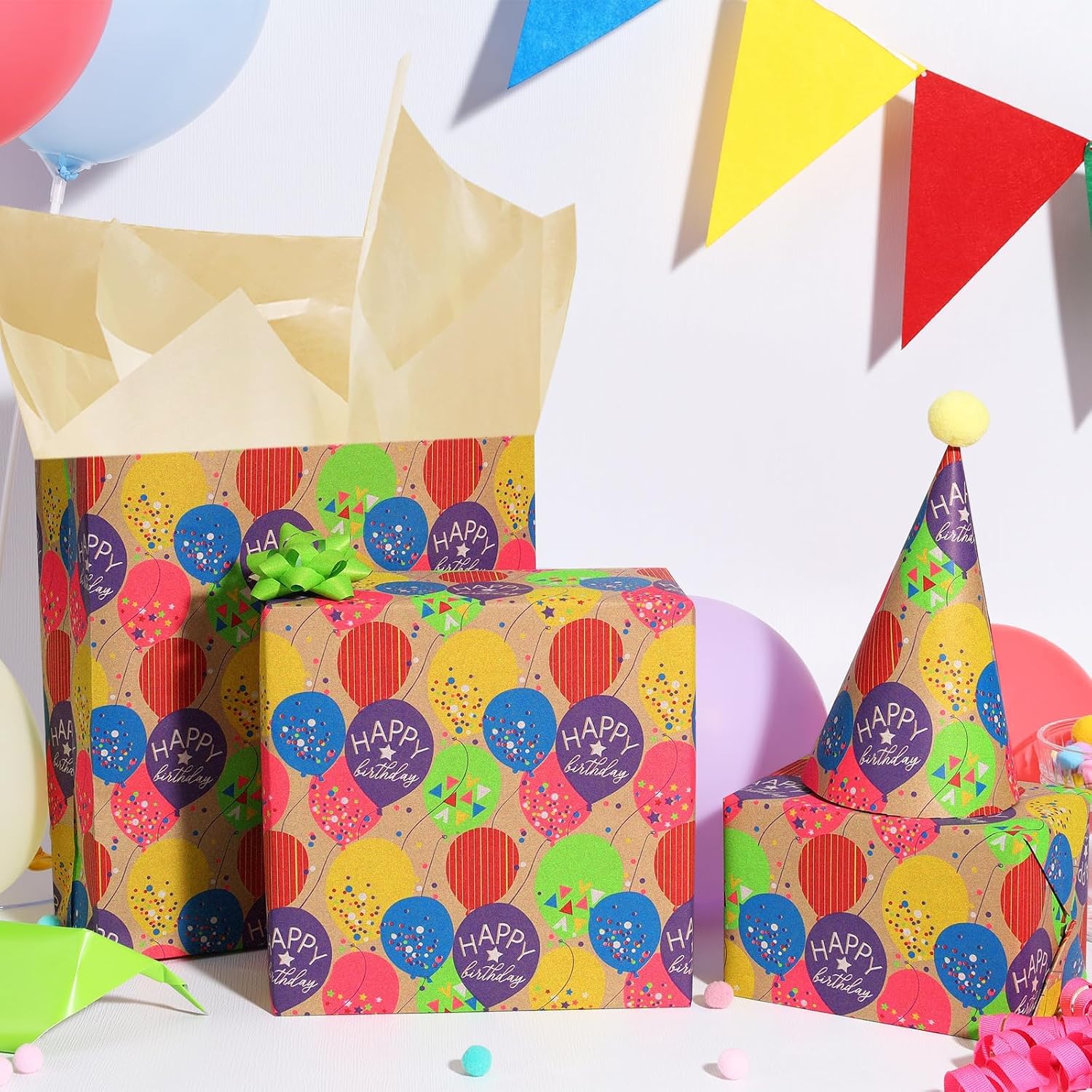 WRAPLA Kraft Birthday Wrapping Paper Colorful Balloons Design for Holiday
