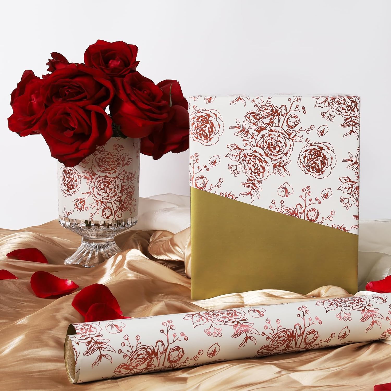 WRAPLA Luxury Wrapping Paper, White Gold Botanical Foil for Wedding Gifts