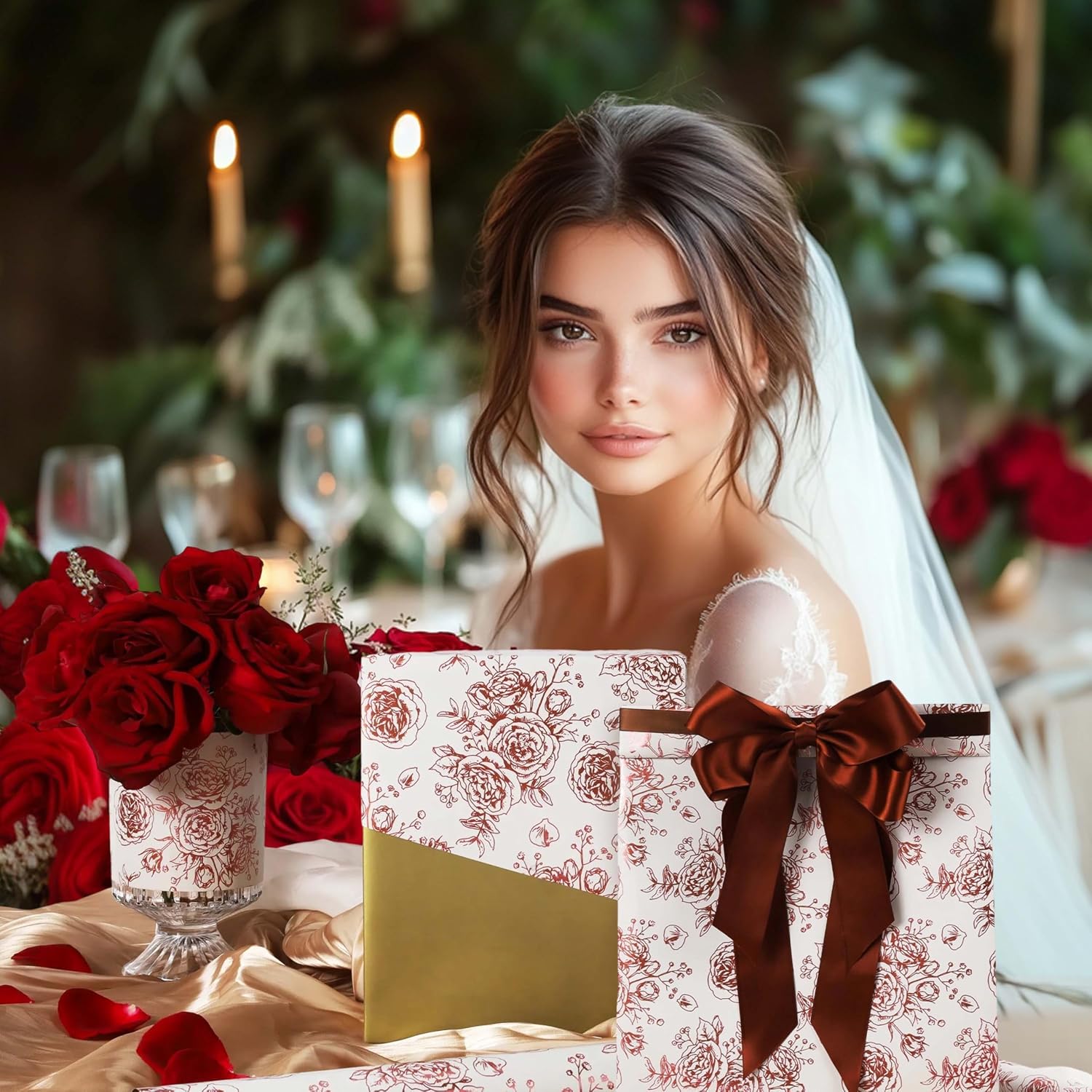WRAPLA Luxury Wrapping Paper, White Gold Botanical Foil for Wedding Gifts