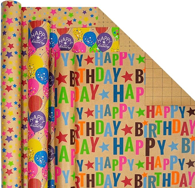 WRAPLA Happy Birthday Wrapping Paper for Boys, Colorful Balloon & Striped