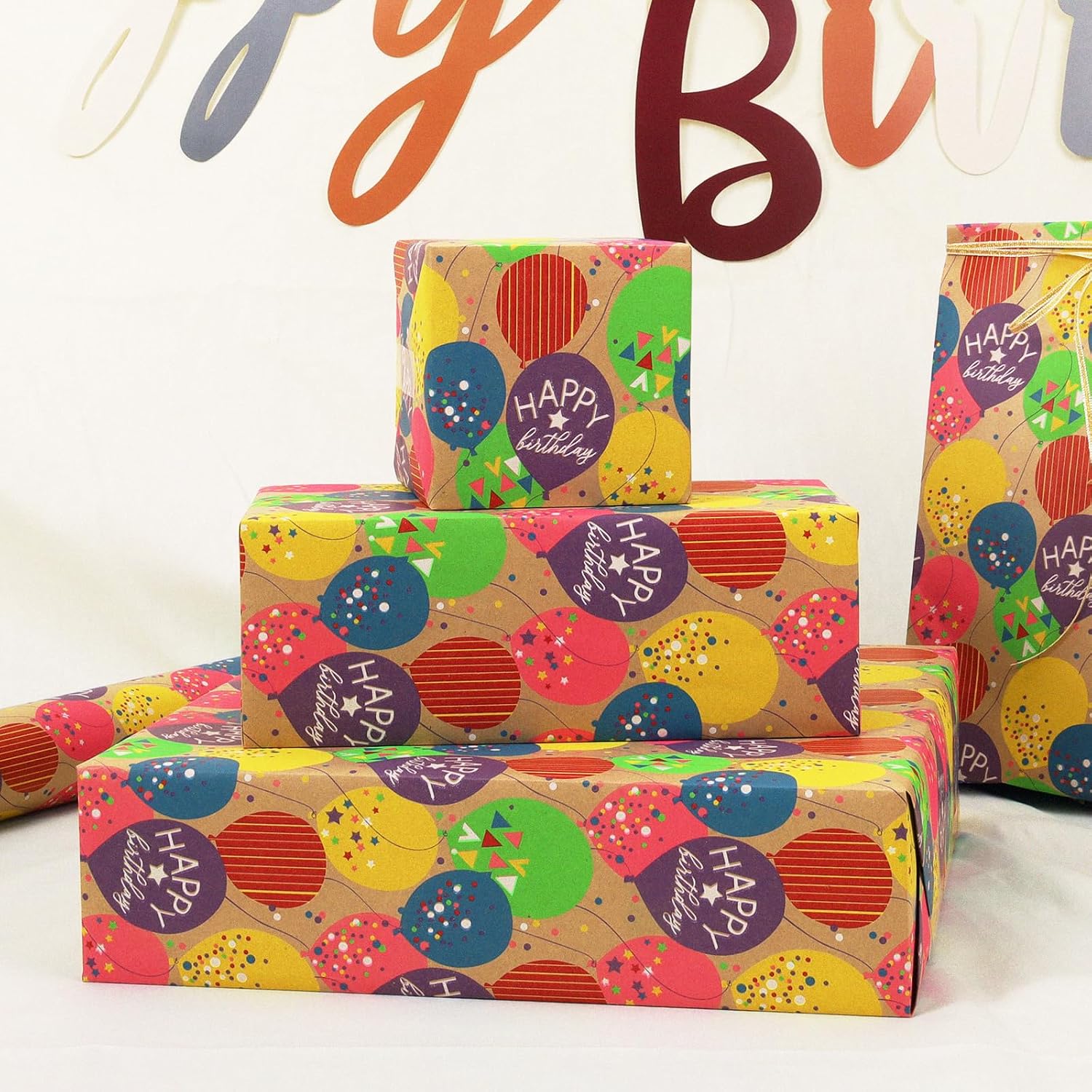WRAPLA Kraft Birthday Wrapping Paper Colorful Balloons Design for Holiday