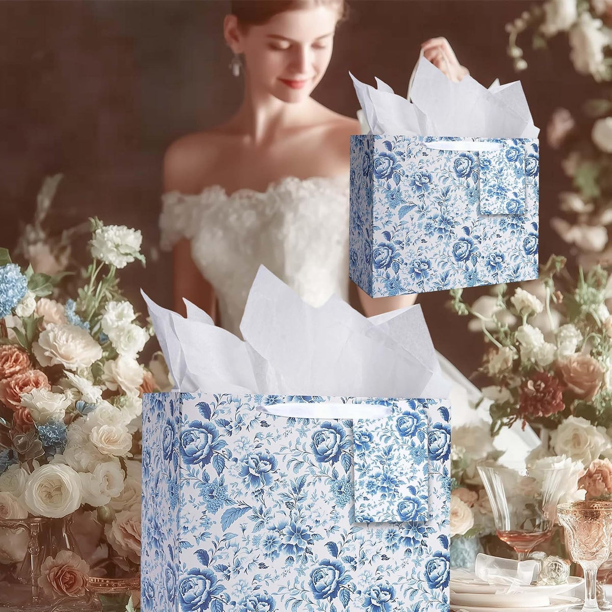 WRAPLA 13" Blue White Peony Paper Gift Bag for Wedding with Tissue & Card