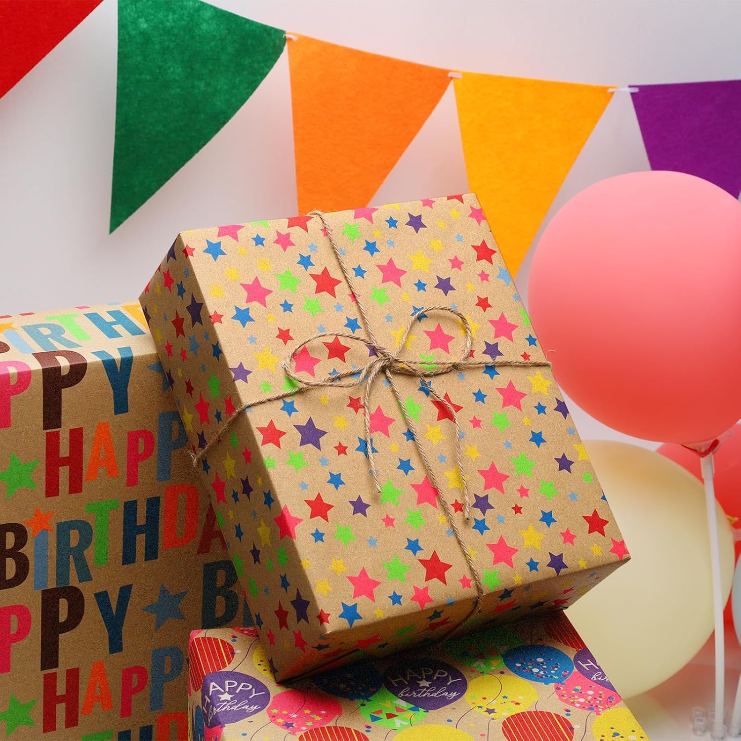 WRAPLA Kraft Birthday Wrapping Paper Colorful Balloons Design for Holiday