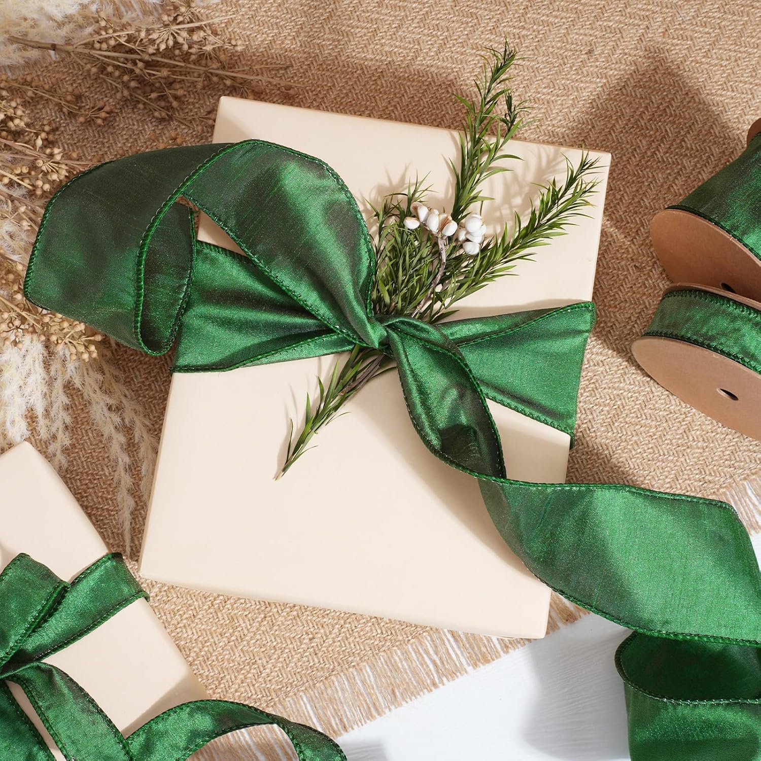 Moss Ribbon Wired 1 Inch x 10 Yards, Dupioni Christmas Decor