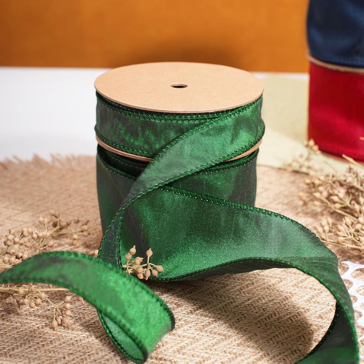Moss Ribbon Wired 1 Inch x 10 Yards, Dupioni Christmas Decor