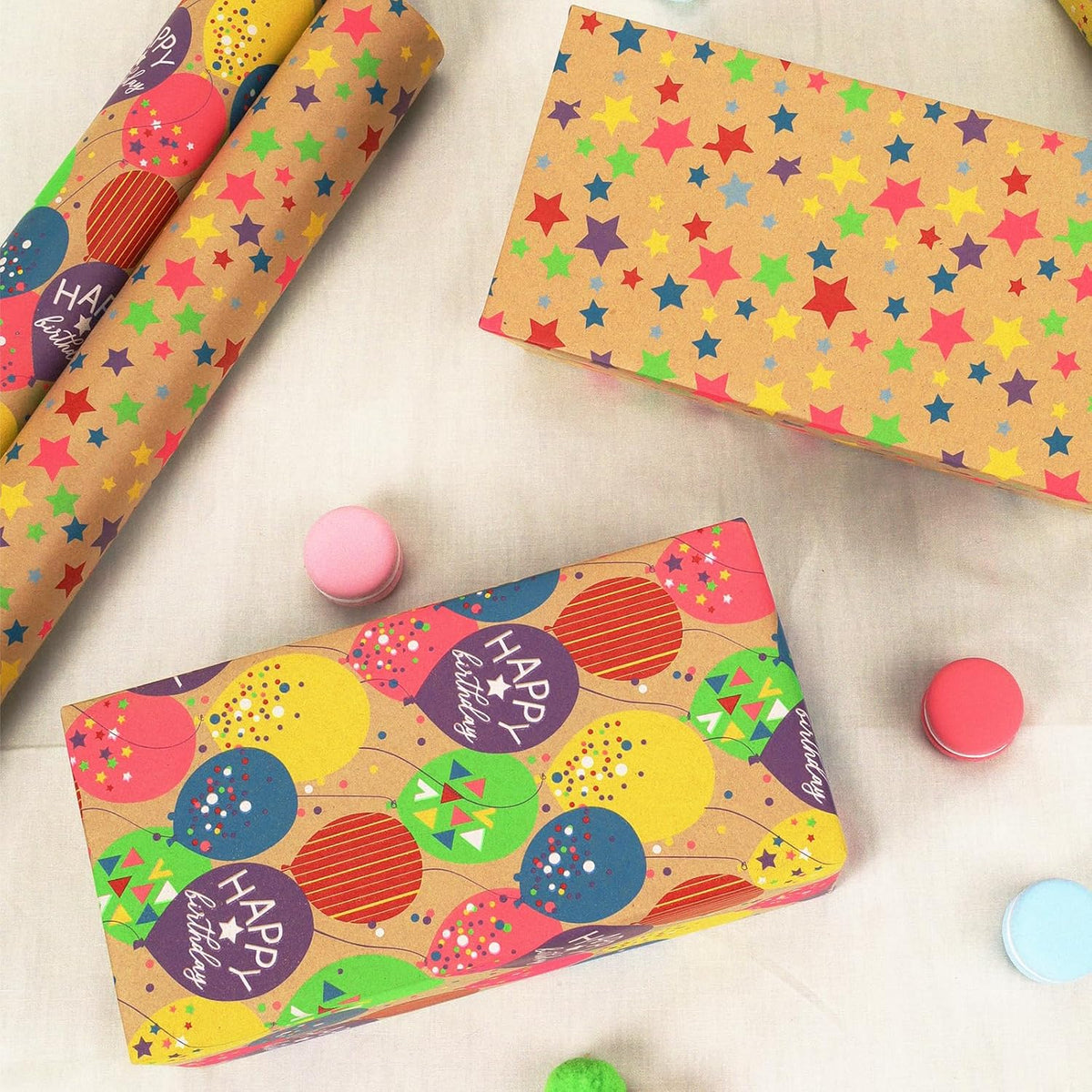 WRAPLA Kraft Birthday Wrapping Paper Colorful Balloons Design for Holiday