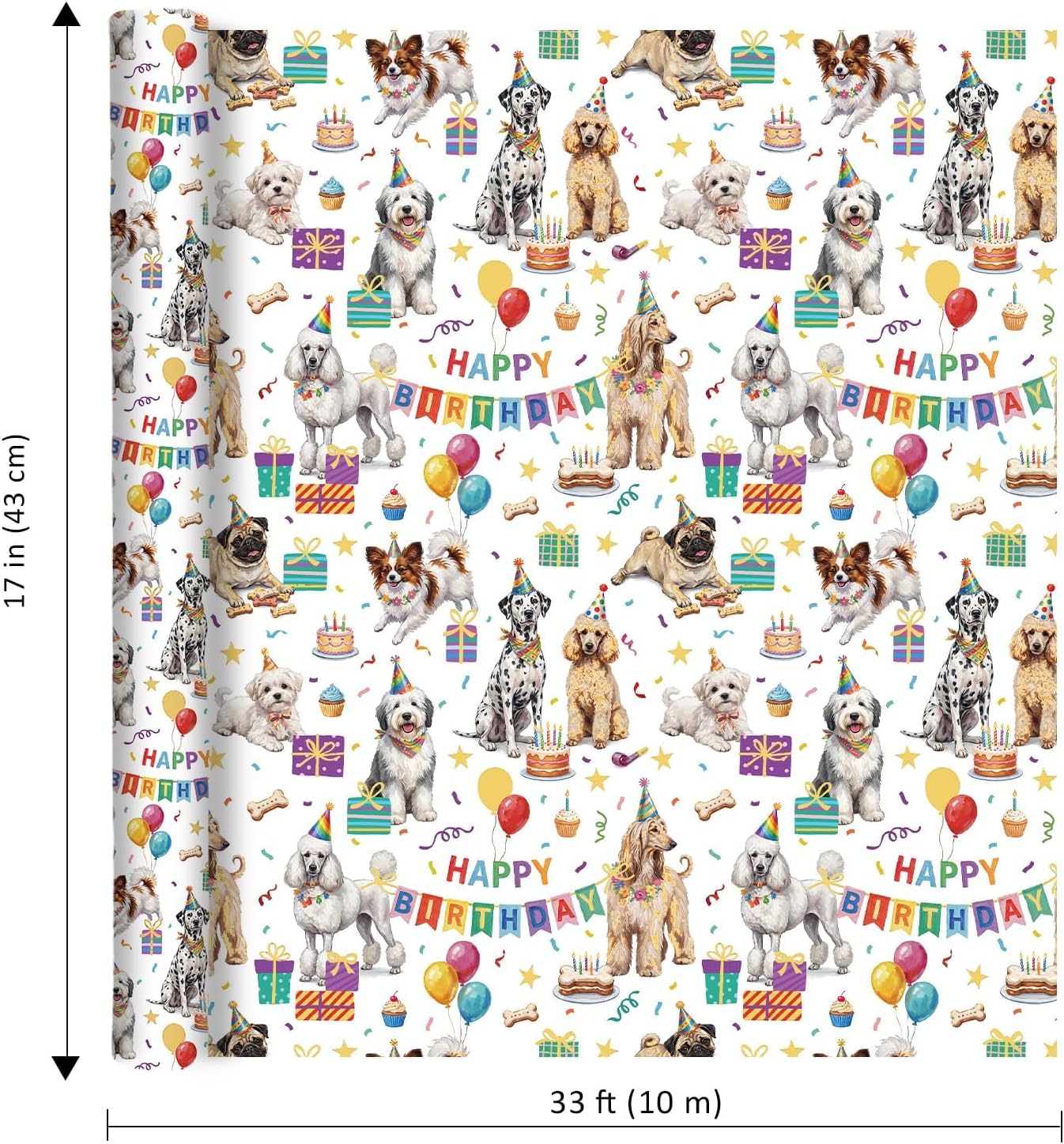 WRAPLA Colorful Wrapping Paper Roll - 17 Inches X 33 Feet (43cm X 10m) - Foil Happy Birthday and Cake Design Gift Wrap Stone Paper for Birthday, Baby Shower, Party, Holiday