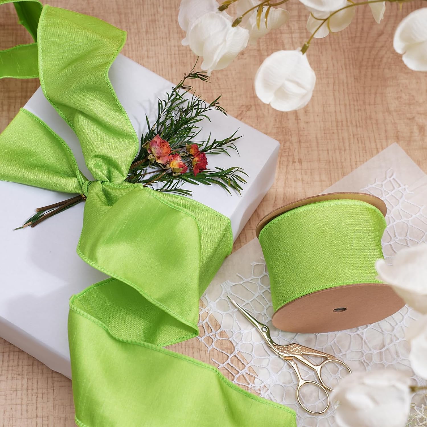 Moss Ribbon Wired 1 Inch x 10 Yards, Dupioni Christmas Decor