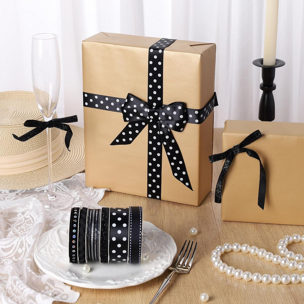 Black Ribbons for Crafts 6 Rolls, 30 Yards, Polka Dot & Glitter