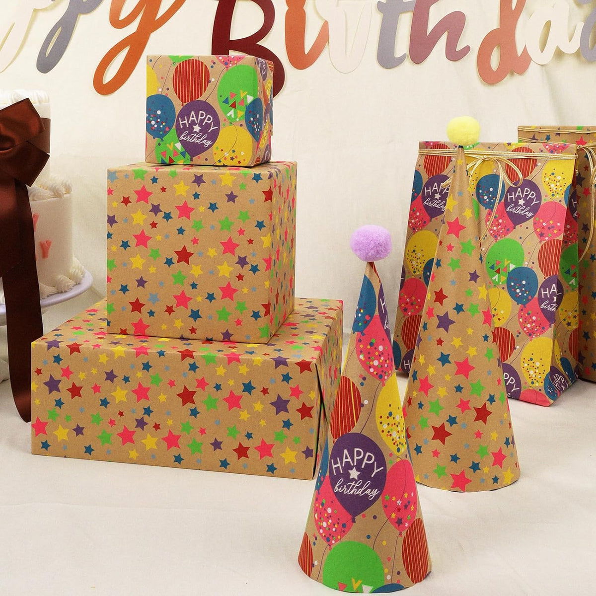 WRAPLA Kraft Birthday Wrapping Paper Colorful Balloons Design for Holiday