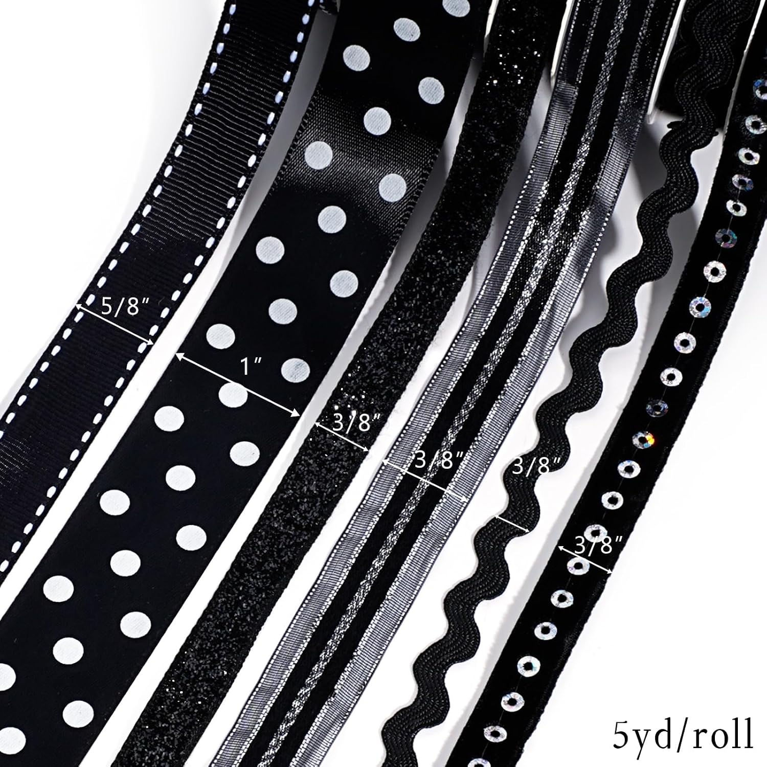 Black Ribbons for Crafts 6 Rolls, 30 Yards, Polka Dot & Glitter