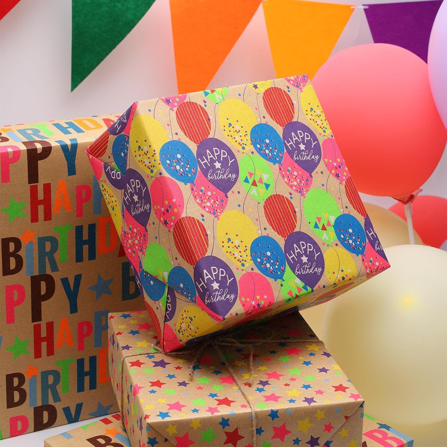 WRAPLA Kraft Birthday Wrapping Paper Colorful Balloons Design for Holiday