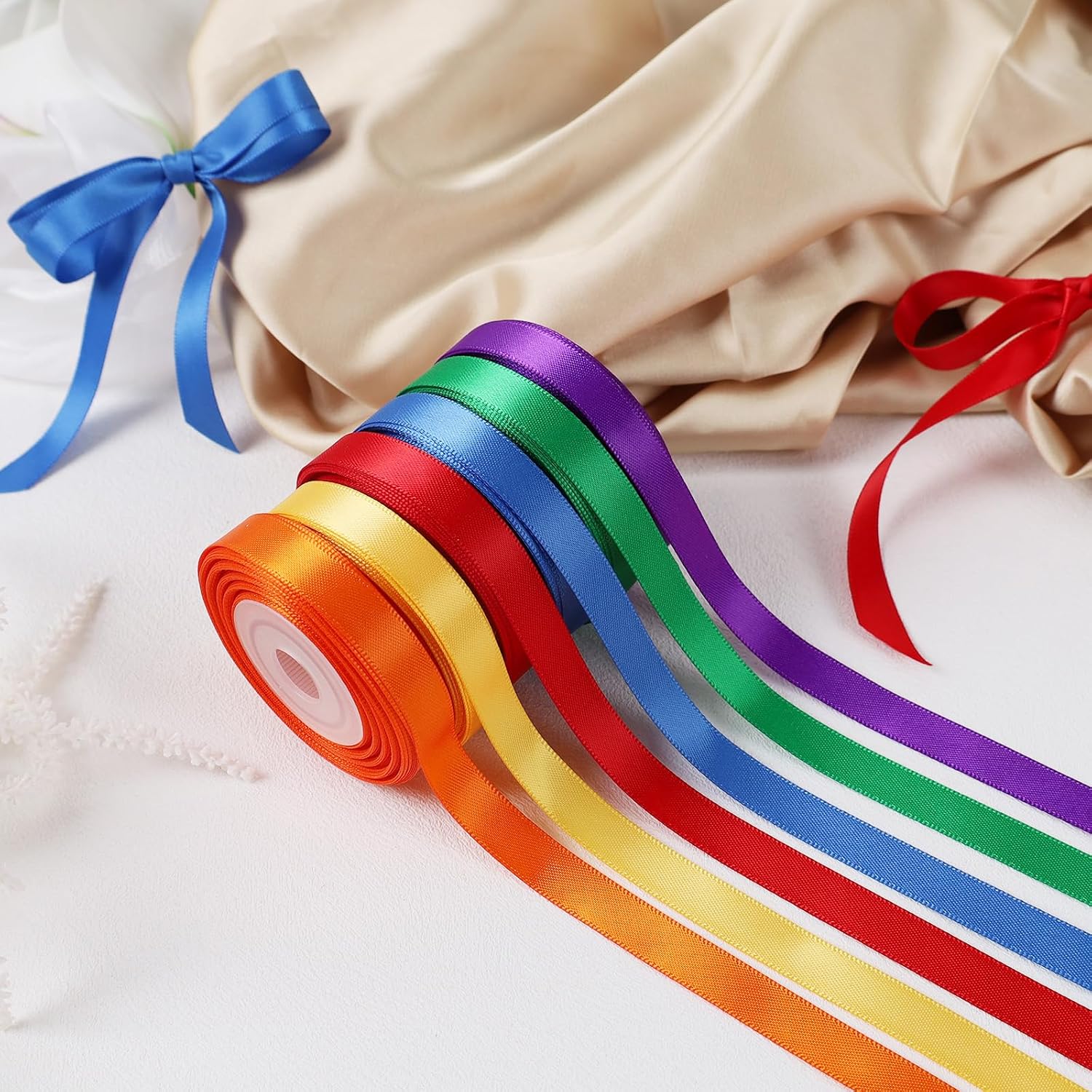 Double Faced Rainbow Satin Ribbon Set, 3/8" x 100 Yards, 10 Rolls