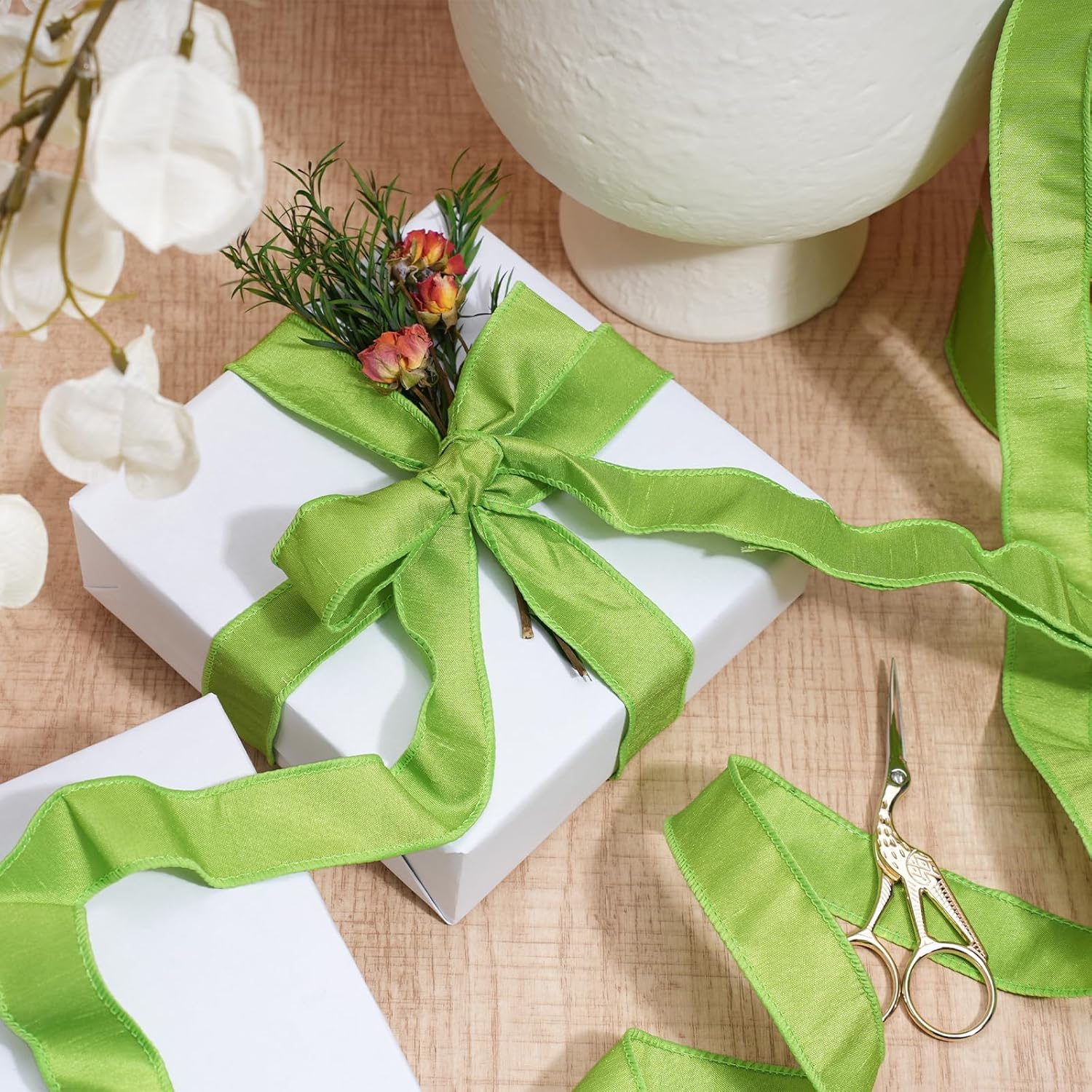 Moss Ribbon Wired 1 Inch x 10 Yards, Dupioni Christmas Decor