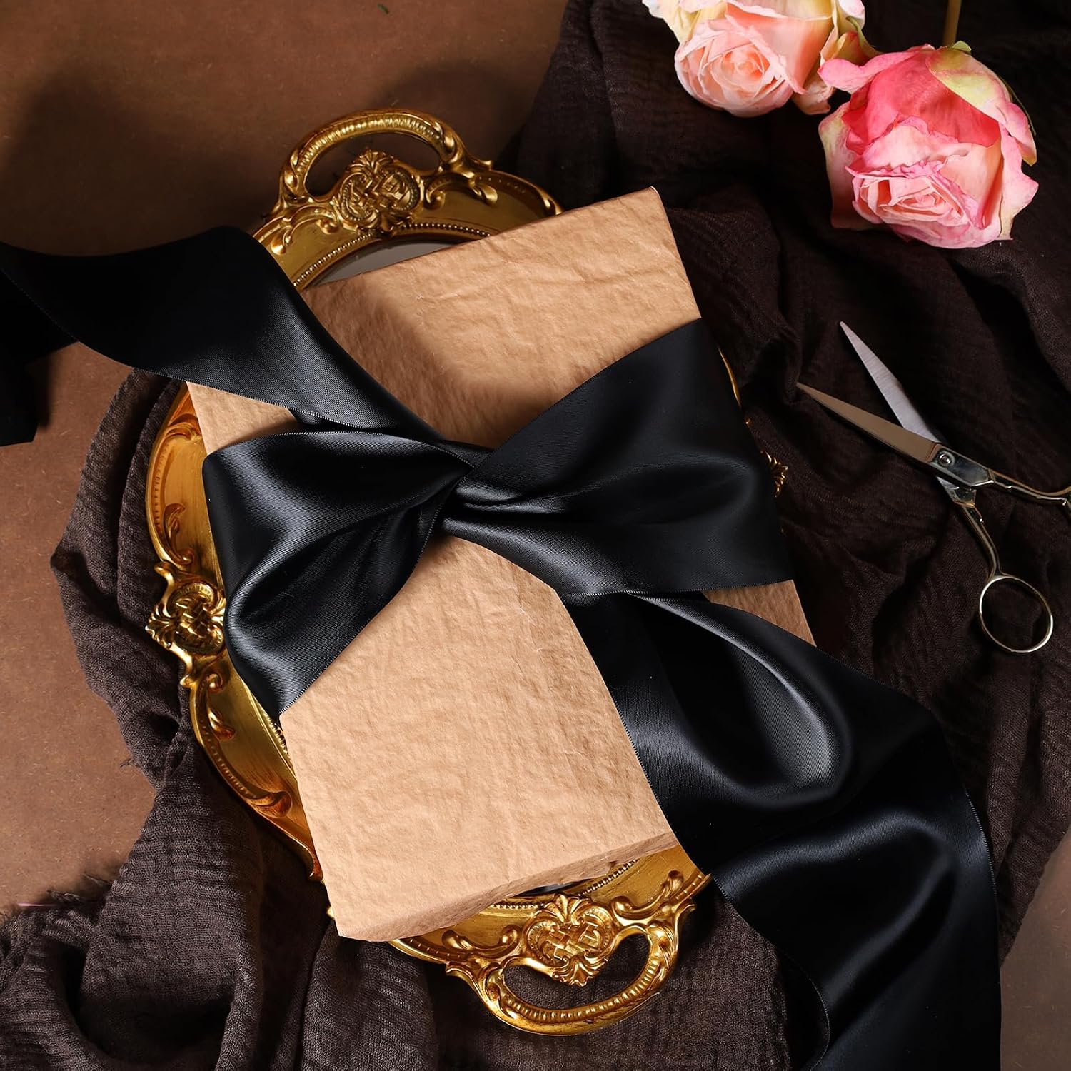 Gold Satin Ribbon 1 Inch x 100 Yards - Double Sided Silk Ribbon for Gift Wrapping Wedding Decoration Bows Bouquet Floral Arrangement Crafts
