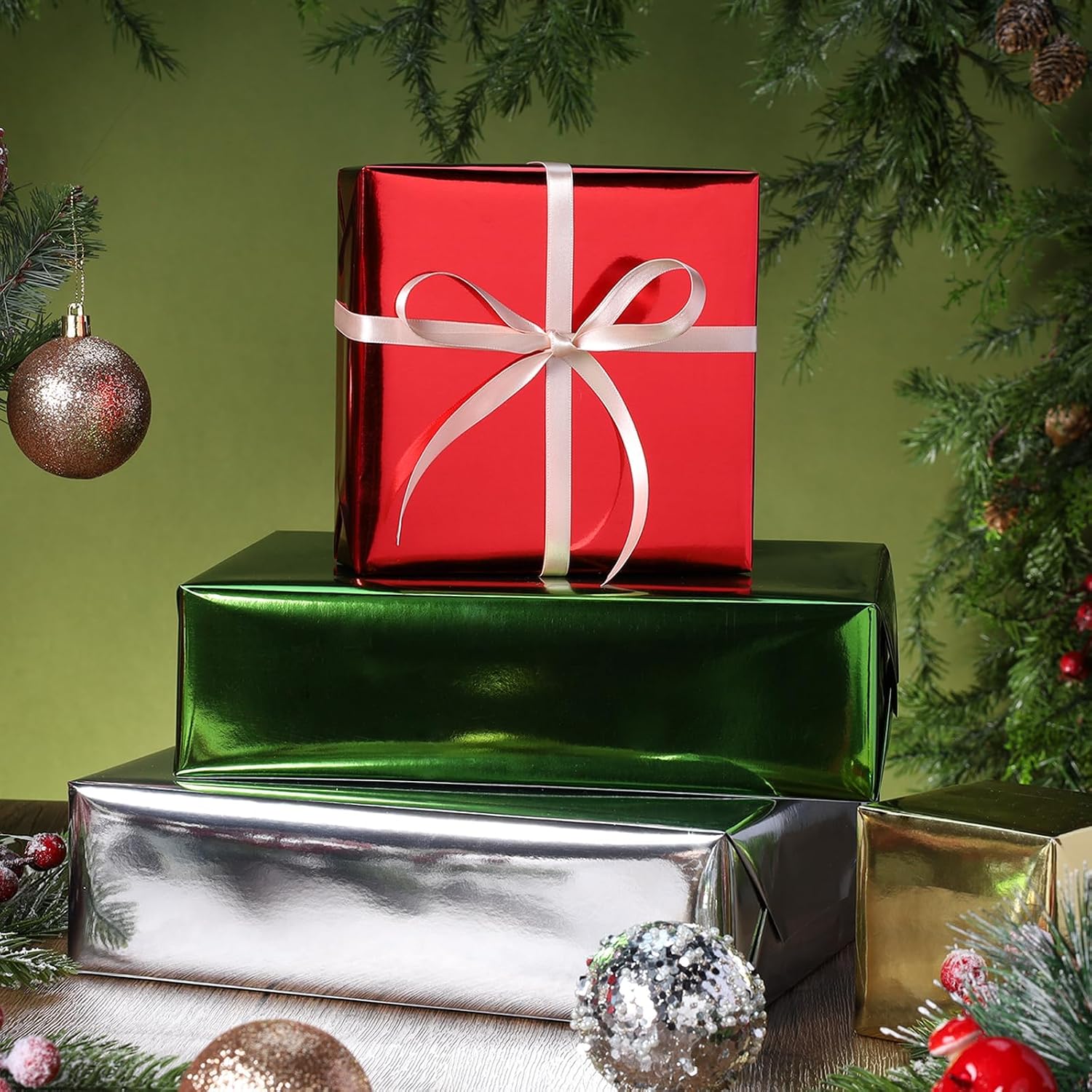 WRAPLA Green Metallic Christmas Wrapping Paper, Solid Color Roll