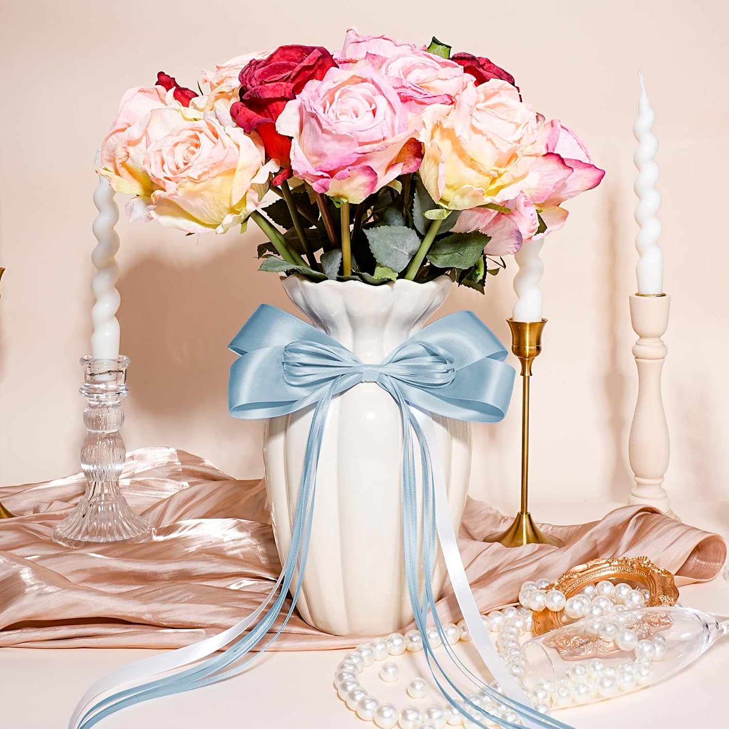 Light Blue Satin Ribbon 3 Inch 10 Yards Double Faced Luxury Baby Blue Silk Ribbon for Gift Wrapping Flower Bouquets Bow Christmas Wedding Party Decoration
