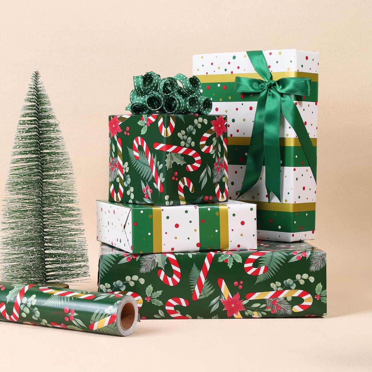 WRAPLA Reversible Christmas Wrapping Paper, Candy Cane Stripes 43cm x 10m