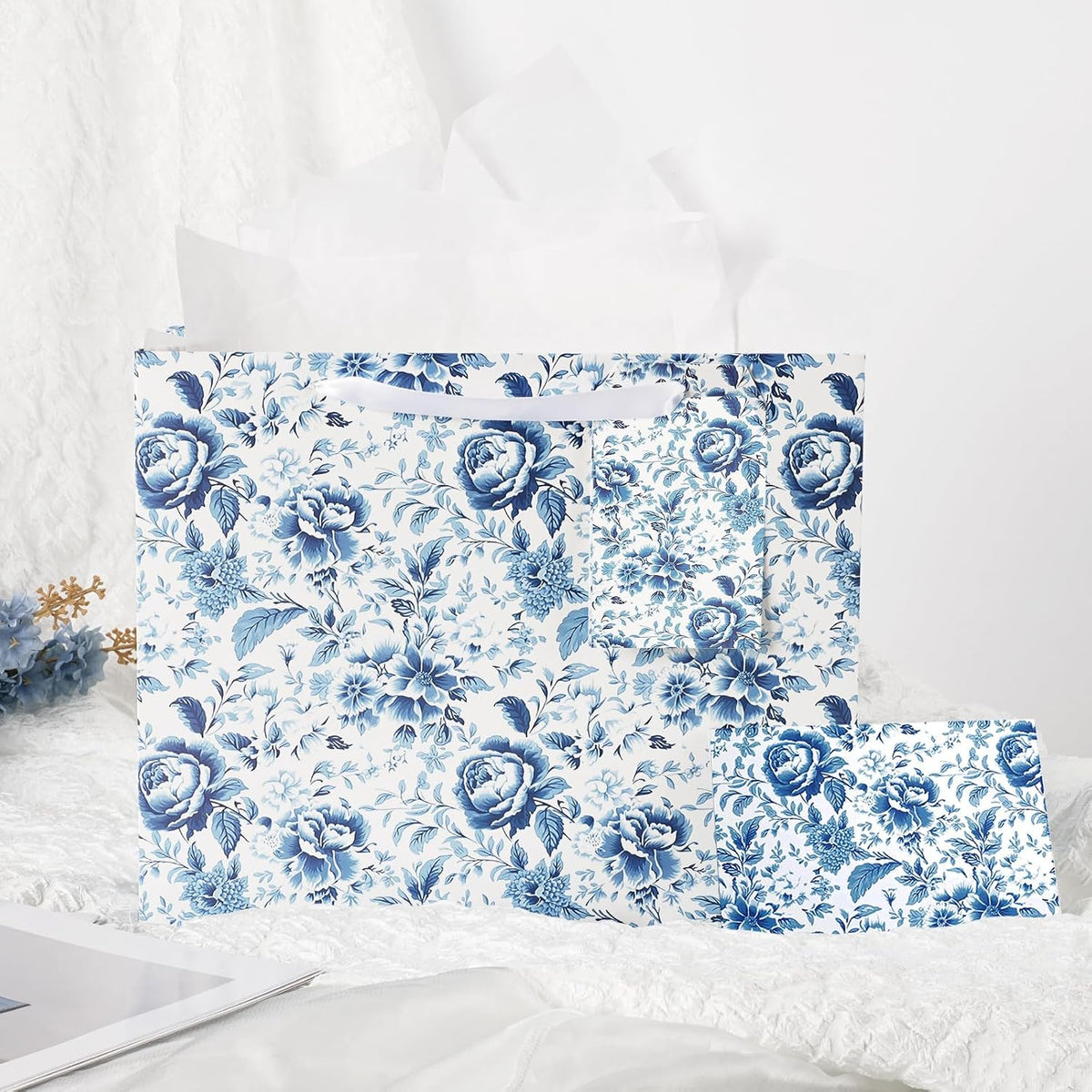 WRAPLA 13" Blue White Peony Paper Gift Bag for Wedding with Tissue & Card