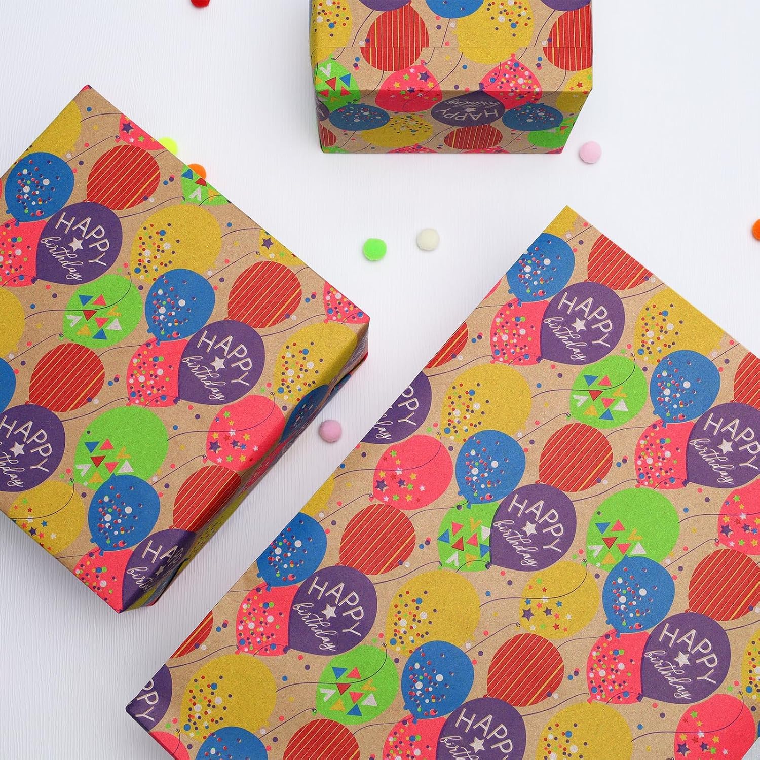 WRAPLA Kraft Birthday Wrapping Paper Colorful Balloons Design for Holiday
