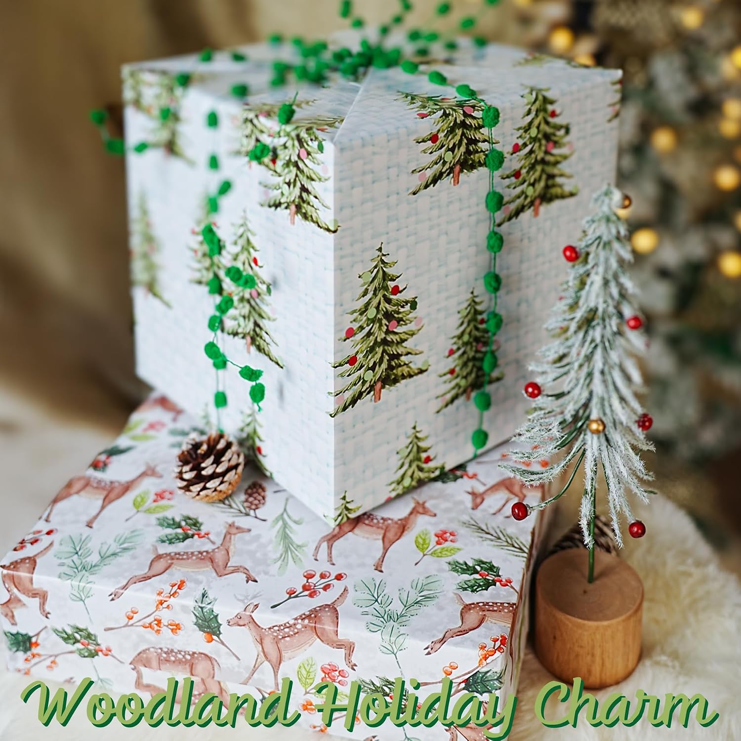 WRAPLA Christmas Wrapping Paper Doe Floral and Tree Design Gift Wrap