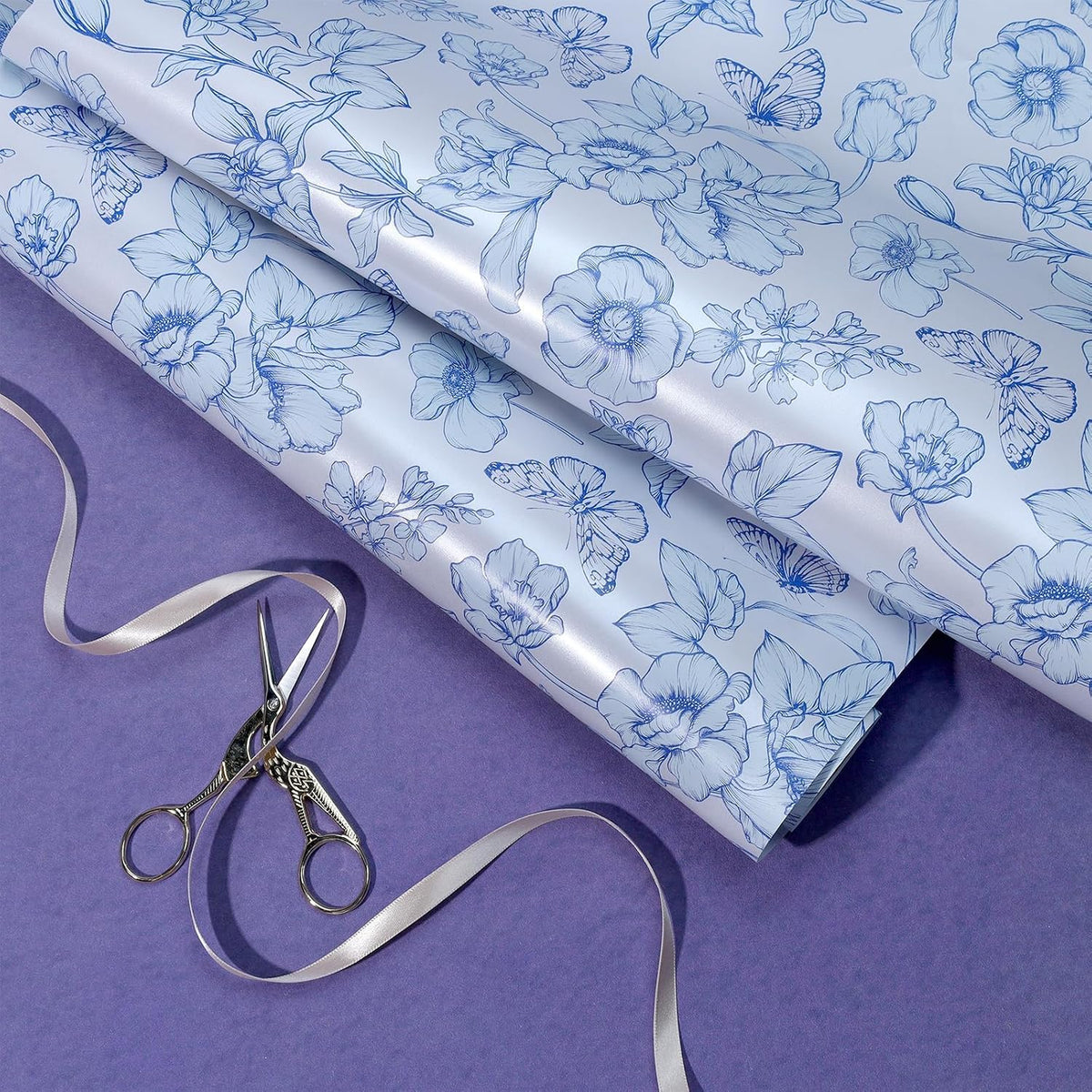 WRAPLA Reversible Wrapping Paper, Blue Floral Pearlescent Print 43cm x 10m