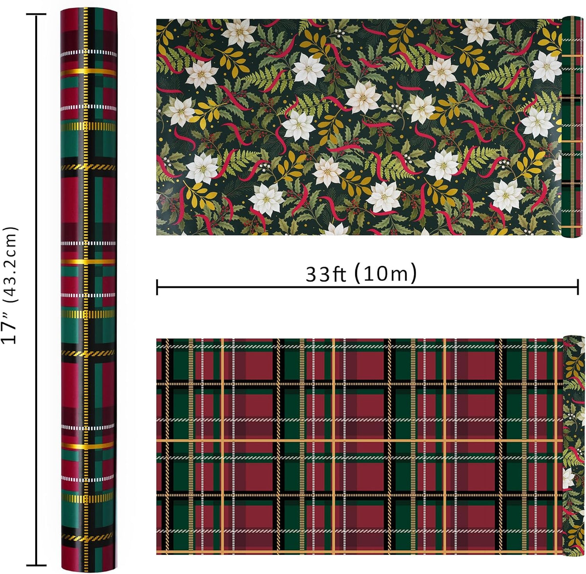 WRAPLA Reversible Christmas Wrapping Paper, Candy Cane Stripes 43cm x 10m