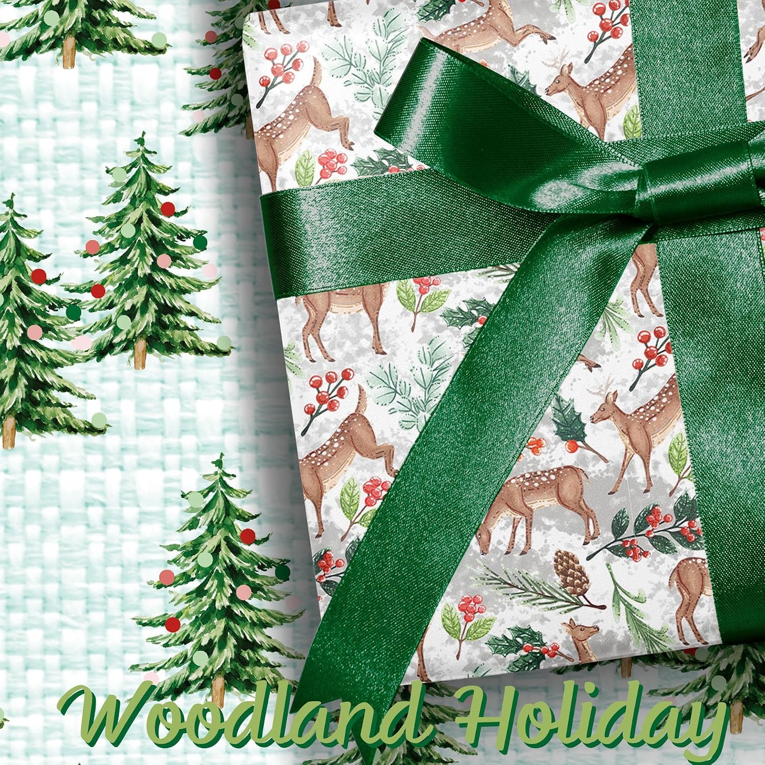 WRAPLA Christmas Wrapping Paper Doe Floral and Tree Design Gift Wrap