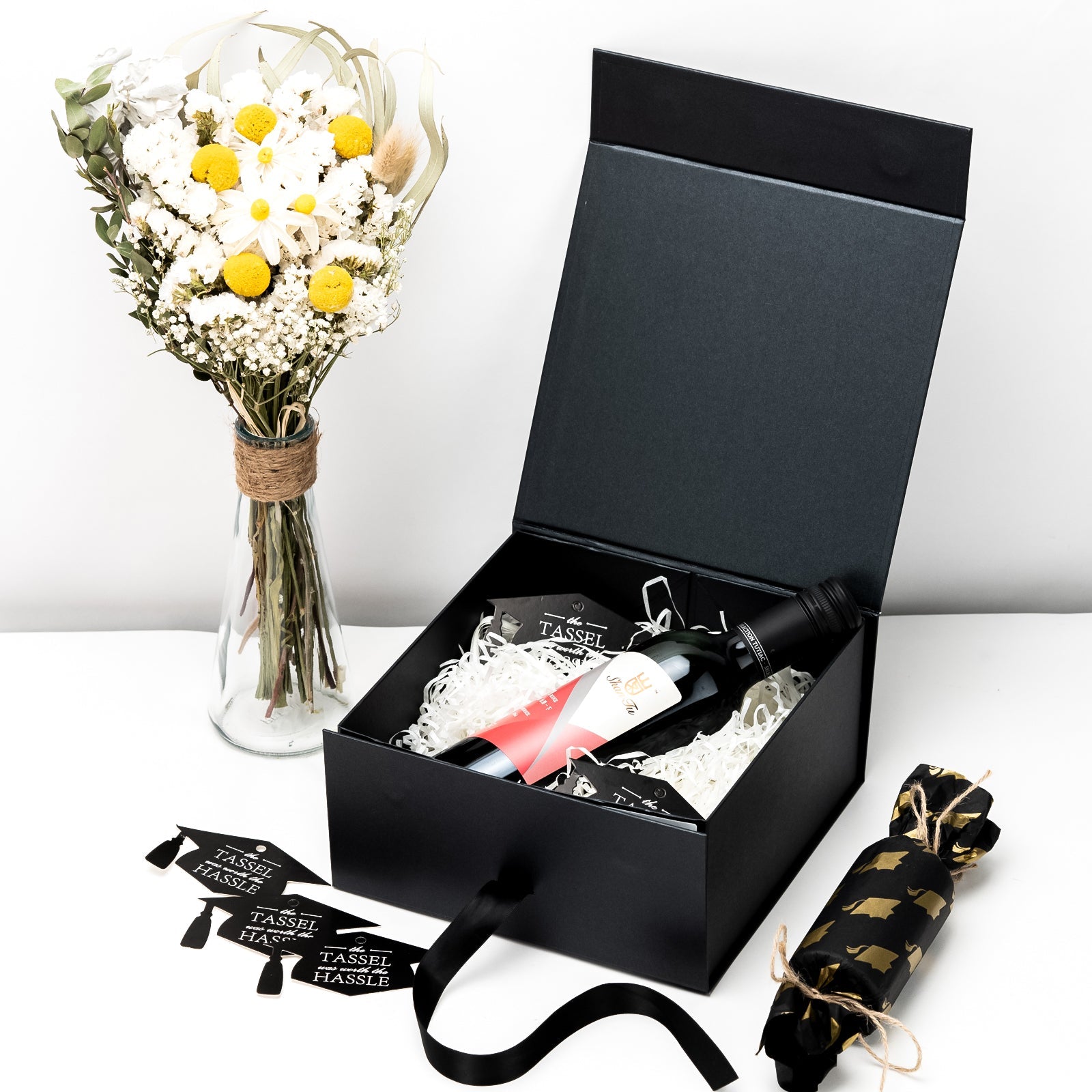 WRAPLA Black Gift Box with Satin Ribbon, 20X20X10CM Collapsible Gift Box with Magnetic Closure for Party, Wedding, Gift Wrap, Bridesmaid Proposal, Storage