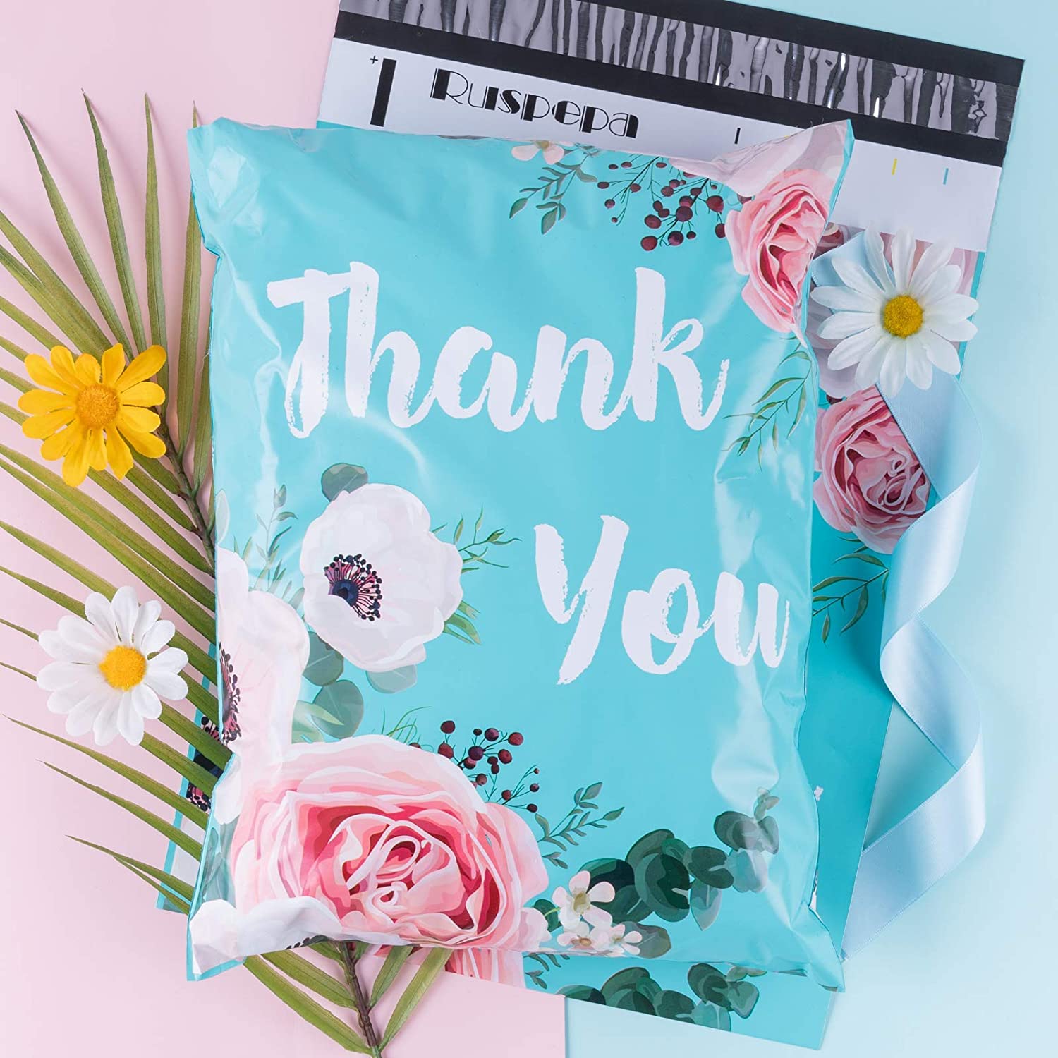 WRAPLA 25 x 33cm (10 x 13 inches) Poly Mailers Shipping Bags Thank You Notes Flowers Surrounded Light Blue Poly Mailers 2.3 Mil Heavy Duty Self Seal Mailing Envelopes - 100 Pack