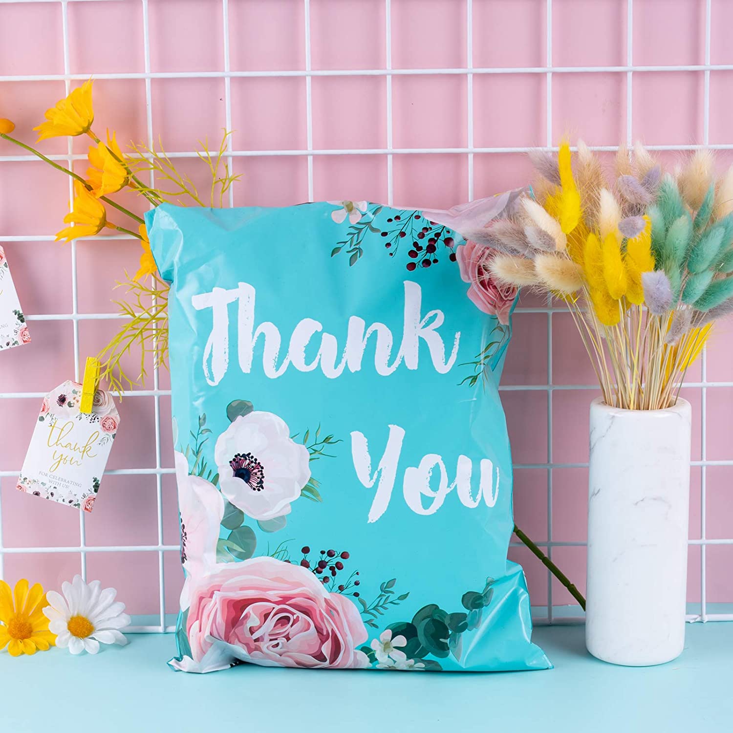 WRAPLA 25 x 33cm (10 x 13 inches) Poly Mailers Shipping Bags Thank You Notes Flowers Surrounded Light Blue Poly Mailers 2.3 Mil Heavy Duty Self Seal Mailing Envelopes - 100 Pack