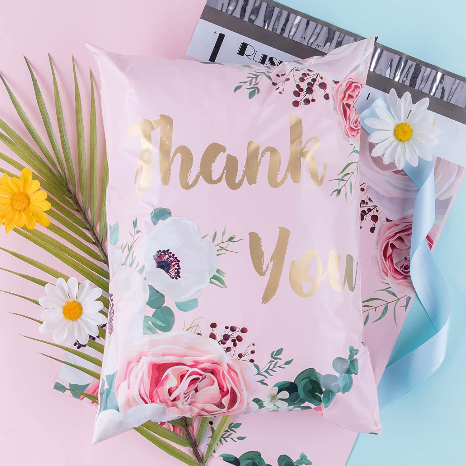 WRAPLA 25 x 33cm (10 x 13 inches) Poly Mailers Shipping Bags Thank You Notes Flowers Surrounded Pink Poly Mailers 2.3 Mil Heavy Duty Self Seal Mailing Envelopes - 100 Pack