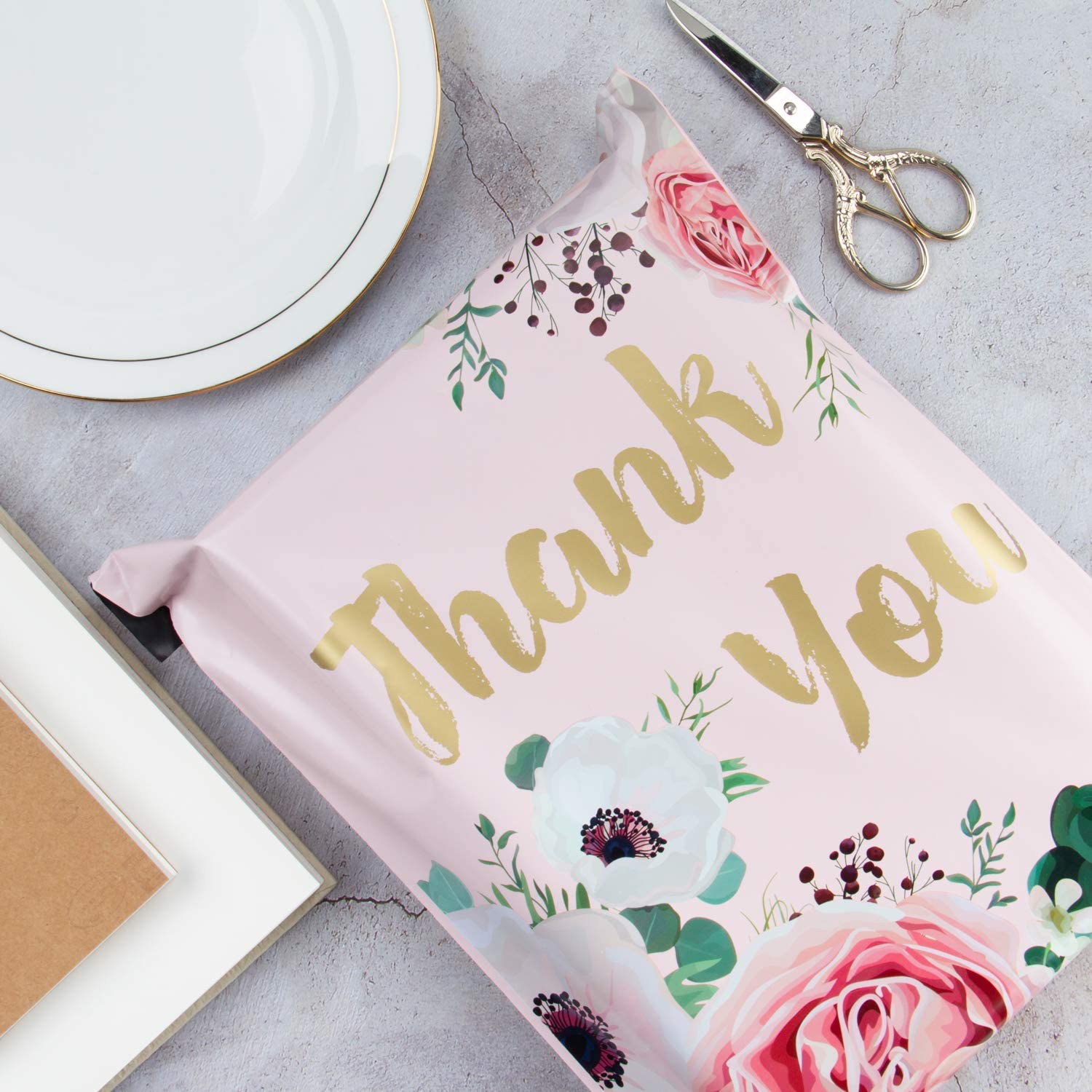 WRAPLA 25 x 33cm (10 x 13 inches) Poly Mailers Shipping Bags Thank You Notes Flowers Surrounded Pink Poly Mailers 2.3 Mil Heavy Duty Self Seal Mailing Envelopes - 100 Pack