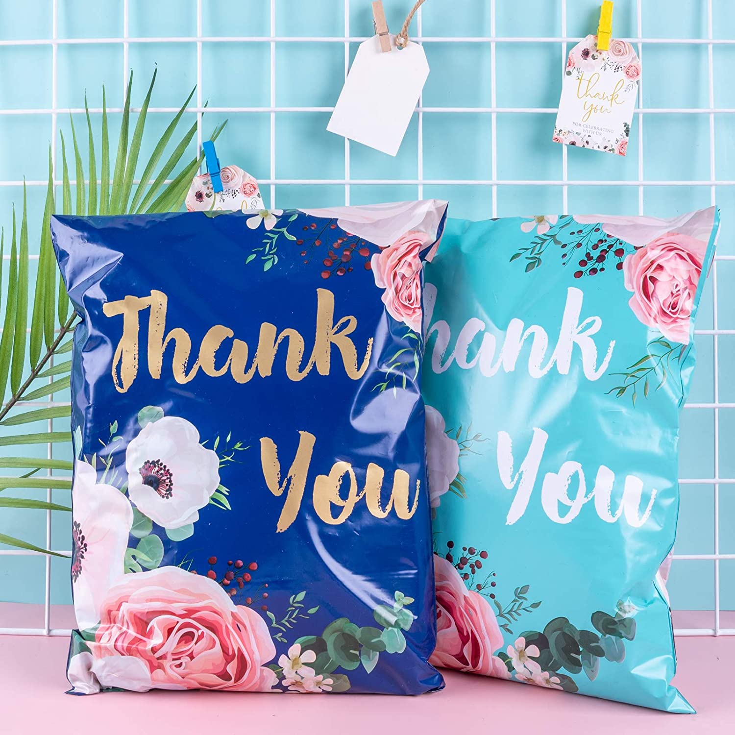 WRAPLA 25 x 33cm (10 x 13 inches) Poly Mailers Shipping Bags Thank You Notes Flowers Surrounded Poly Mailers 2.3 Mil Heavy Duty Self Seal Mailing Envelopes - 100 Pack