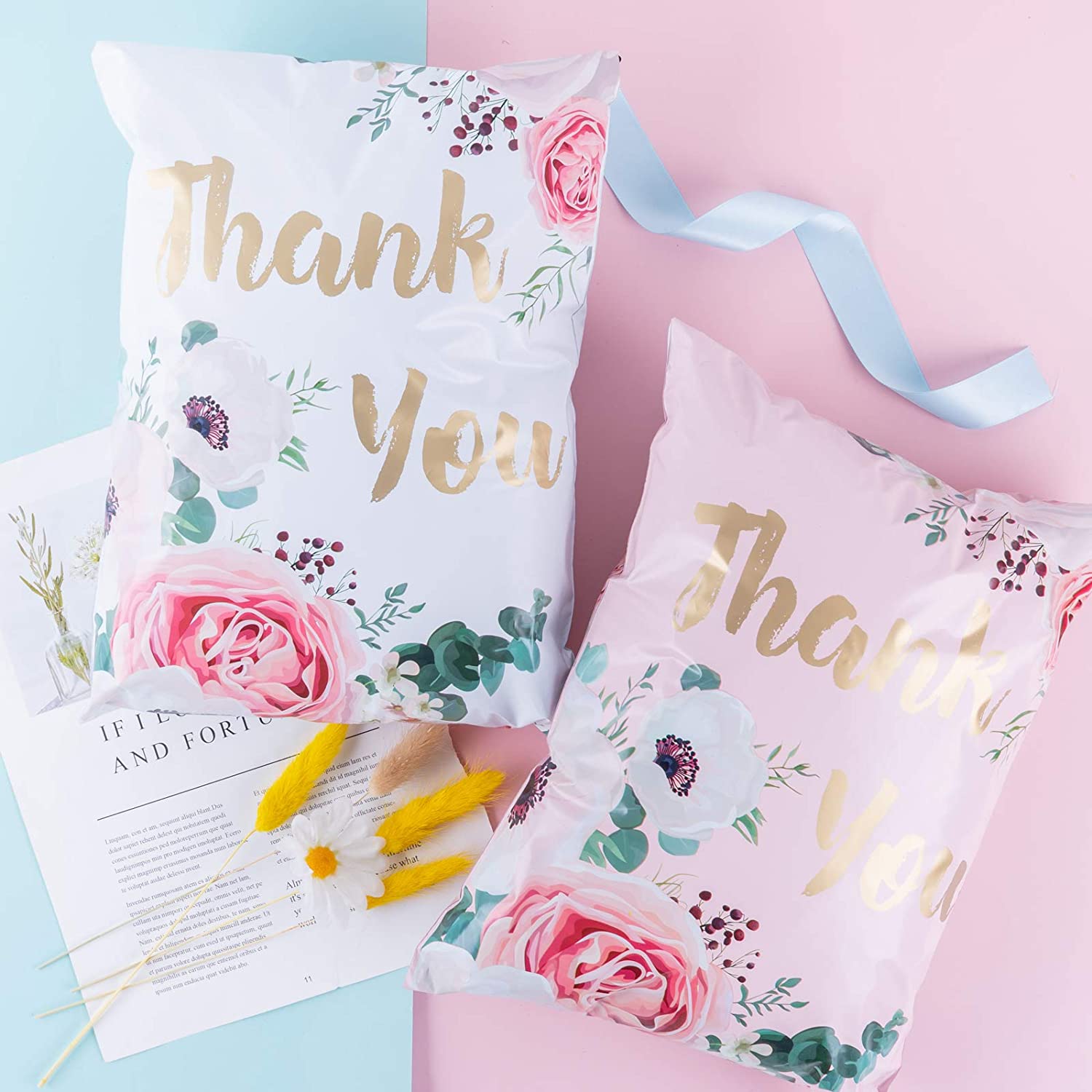 WRAPLA 25 x 33cm (10 x 13 inches) Poly Mailers Shipping Bags Thank You Notes Flowers Surrounded Poly Mailers 2.3 Mil Heavy Duty Self Seal Mailing Envelopes - 100 Pack