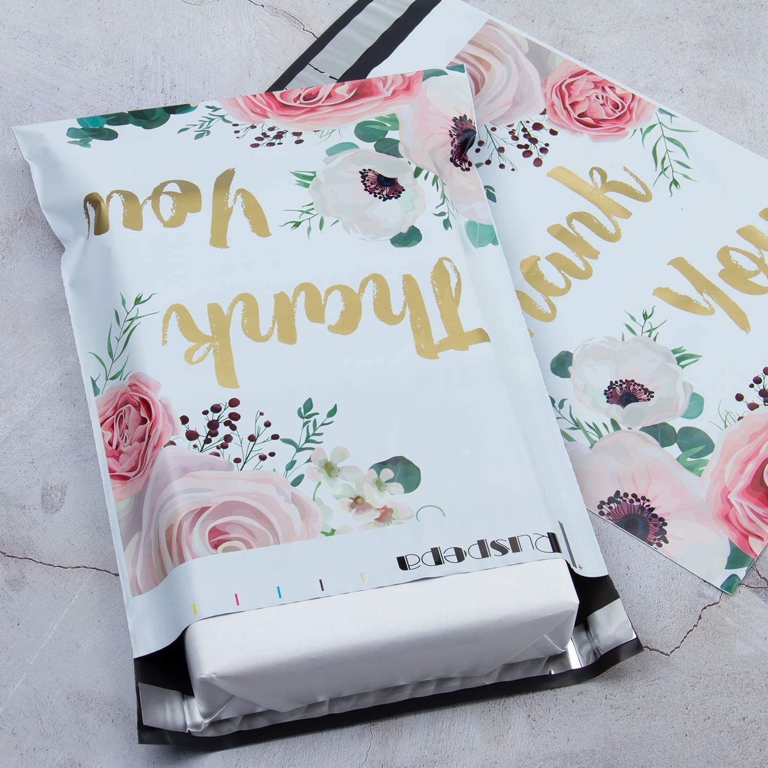 WRAPLA 25 x 33cm (10 x 13 inches) Poly Mailers Shipping Bags Thank You Notes Flowers Surrounded Poly Mailers 2.3 Mil Heavy Duty Self Seal Mailing Envelopes - 100 Pack