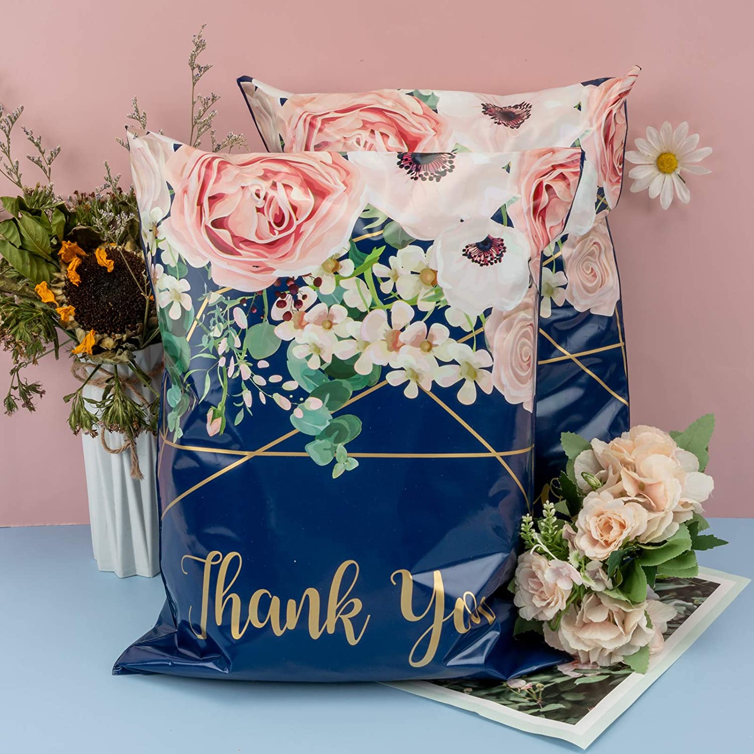 WRAPLA 30 x 40cm (12 x 15.5 inches) Poly Mailers Shipping Bags Thank You Notes Flowers Surrounded Navy Blue Poly Mailers 3 Mil Heavy Duty Self Seal Mailing Envelopes - 50 Pack