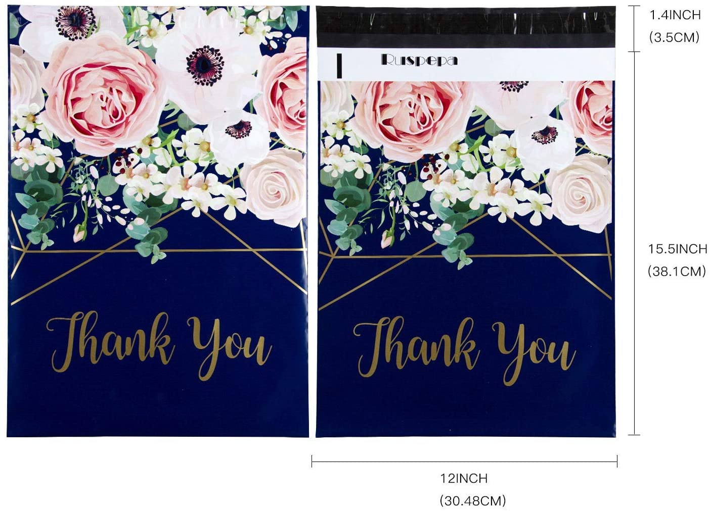 WRAPLA 30 x 40cm (12 x 15.5 inches) Poly Mailers Shipping Bags Thank You Notes Flowers Surrounded Navy Blue Poly Mailers 3 Mil Heavy Duty Self Seal Mailing Envelopes - 50 Pack