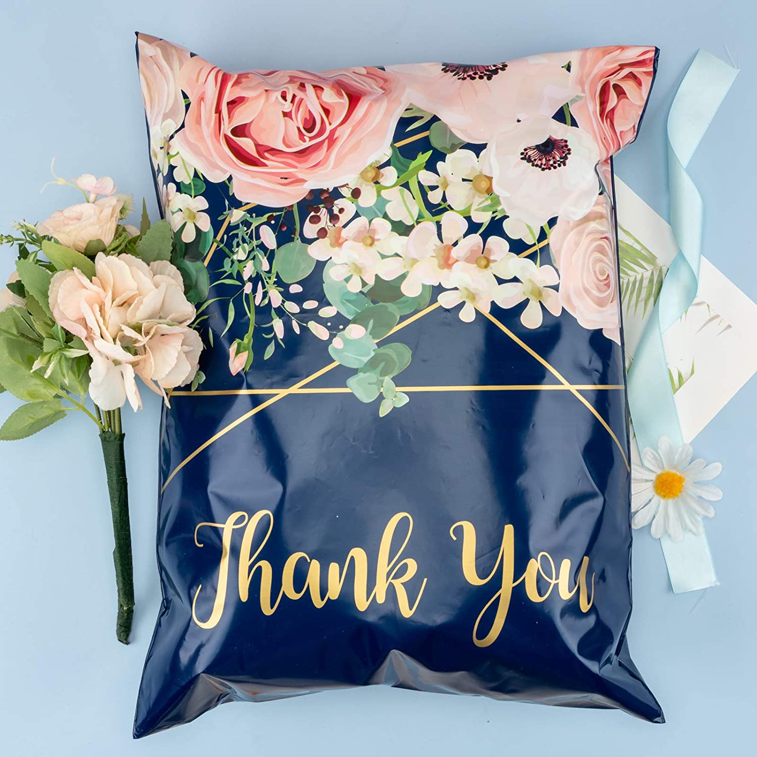 WRAPLA 30 x 40cm (12 x 15.5 inches) Poly Mailers Shipping Bags Thank You Notes Flowers Surrounded Navy Blue Poly Mailers 3 Mil Heavy Duty Self Seal Mailing Envelopes - 50 Pack