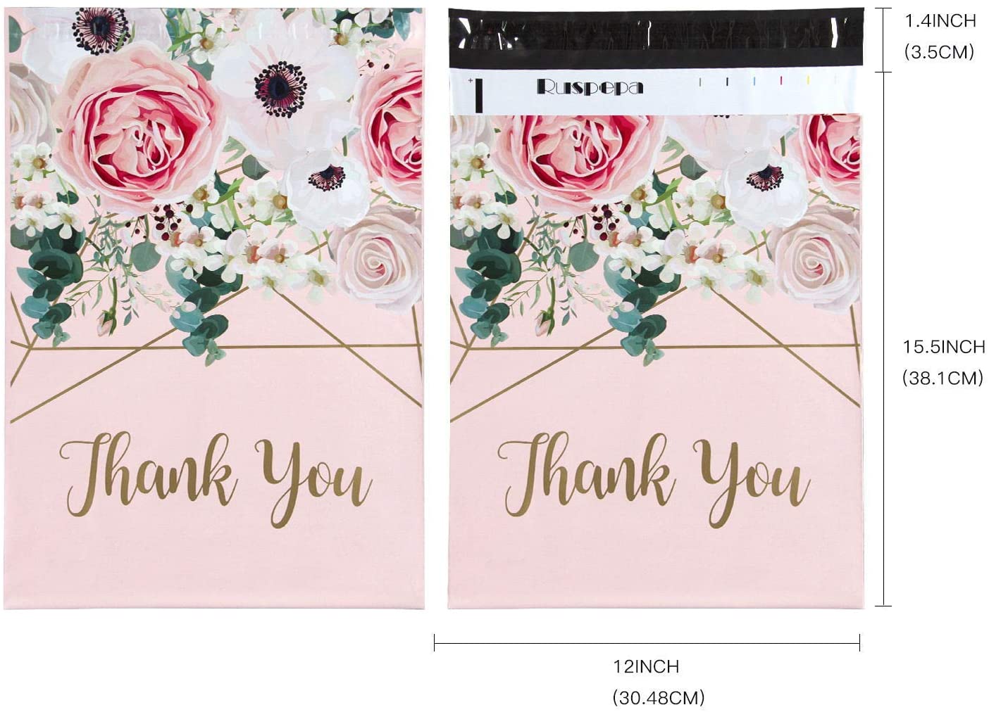 WRAPLA 30 x 40cm (12 x 15.5 inches) Poly Mailers Shipping Bags Thank You Notes Flowers Surrounded Pink Poly Mailers 3 Mil Heavy Duty Self Seal Mailing Envelopes - 50 Pack