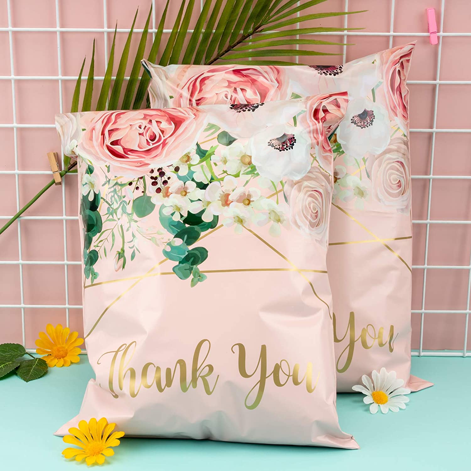 WRAPLA 30 x 40cm (12 x 15.5 inches) Poly Mailers Shipping Bags Thank You Notes Flowers Surrounded Pink Poly Mailers 3 Mil Heavy Duty Self Seal Mailing Envelopes - 50 Pack