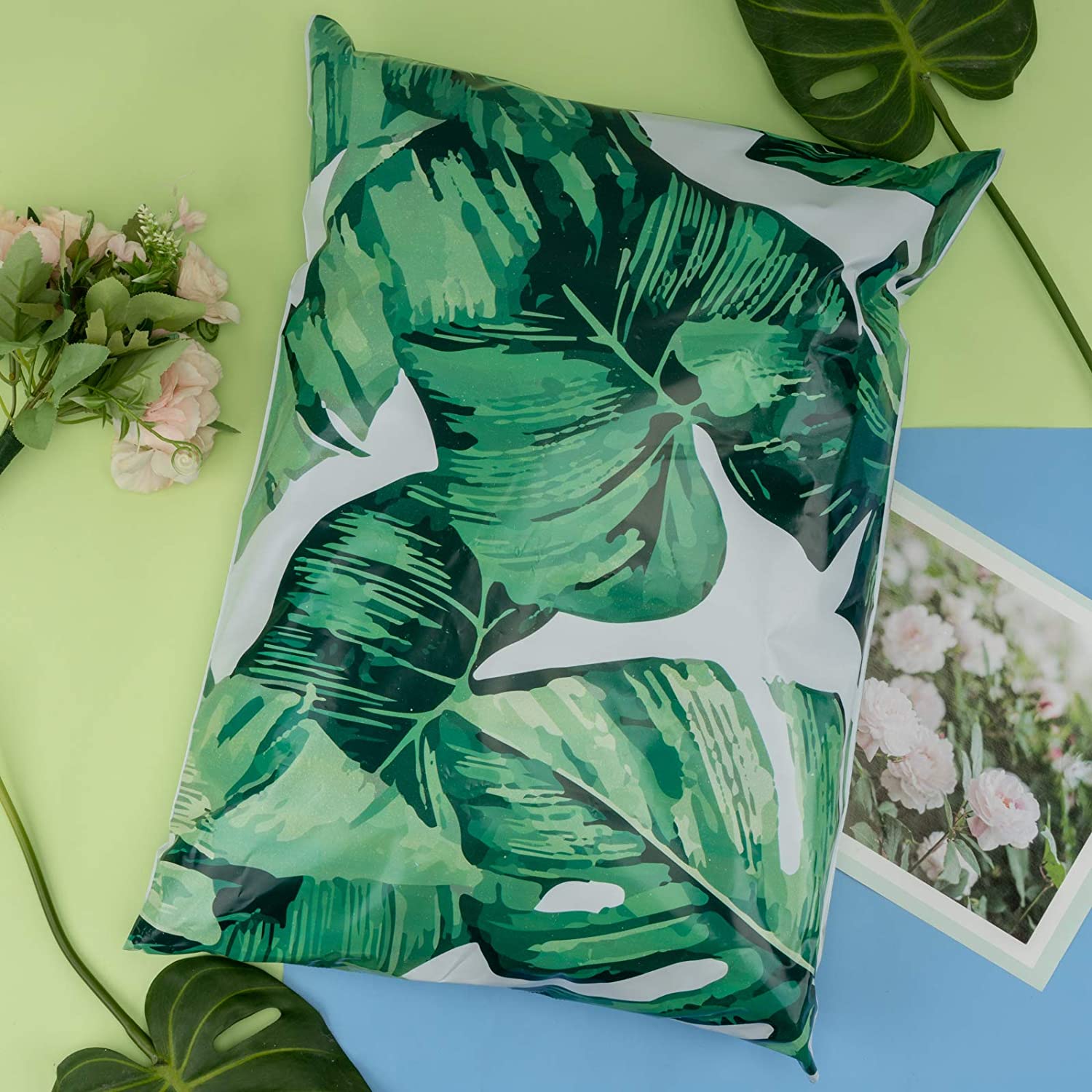 WRAPLA 37 x 48cm Poly Mailers Shipping Bags Green Leaf Flowers Surrounded Teal Poly Mailers 3 Mil Heavy Duty Self Seal Mailing Envelopes - 50 Pack