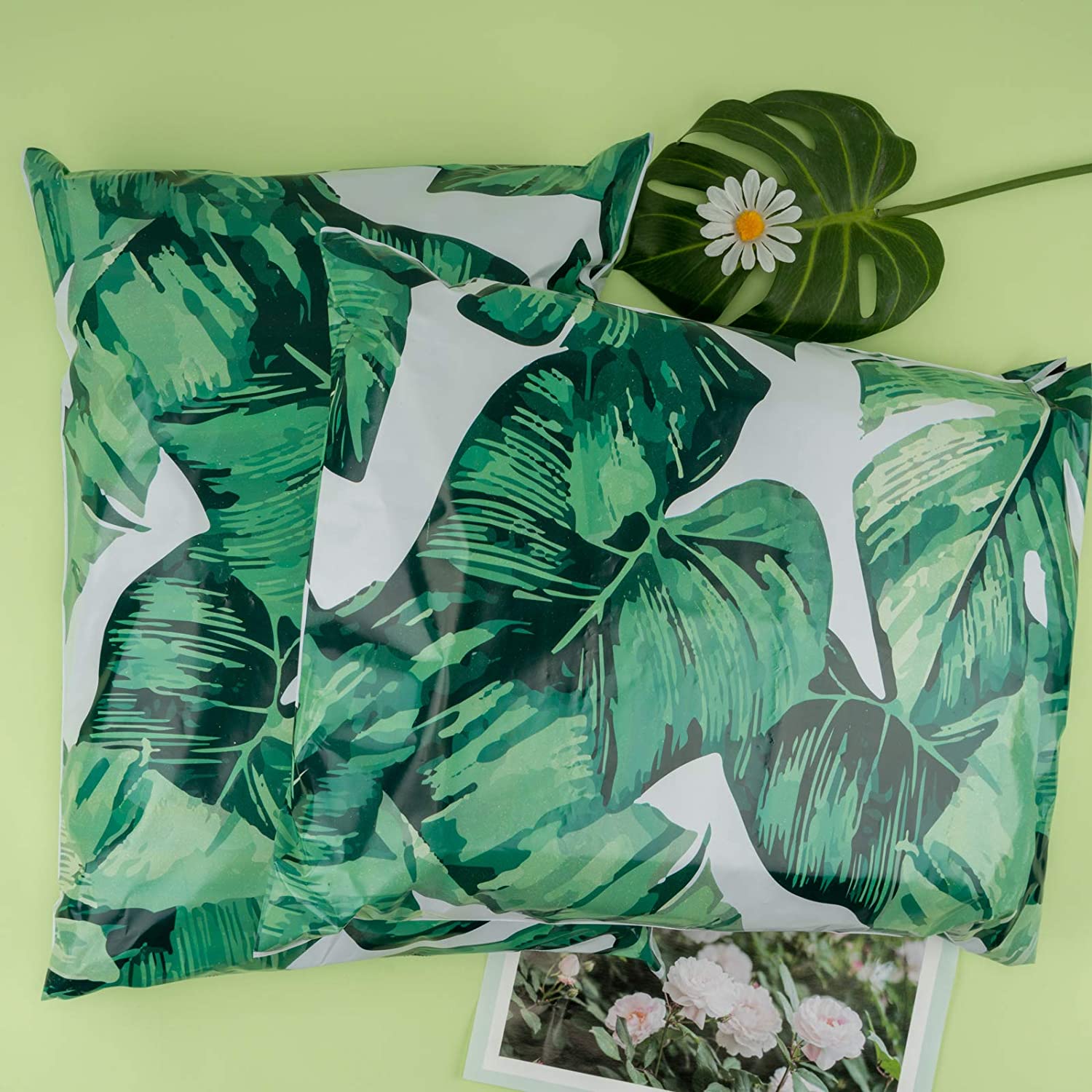 WRAPLA 37 x 48cm Poly Mailers Shipping Bags Green Leaf Flowers Surrounded Teal Poly Mailers 3 Mil Heavy Duty Self Seal Mailing Envelopes - 50 Pack
