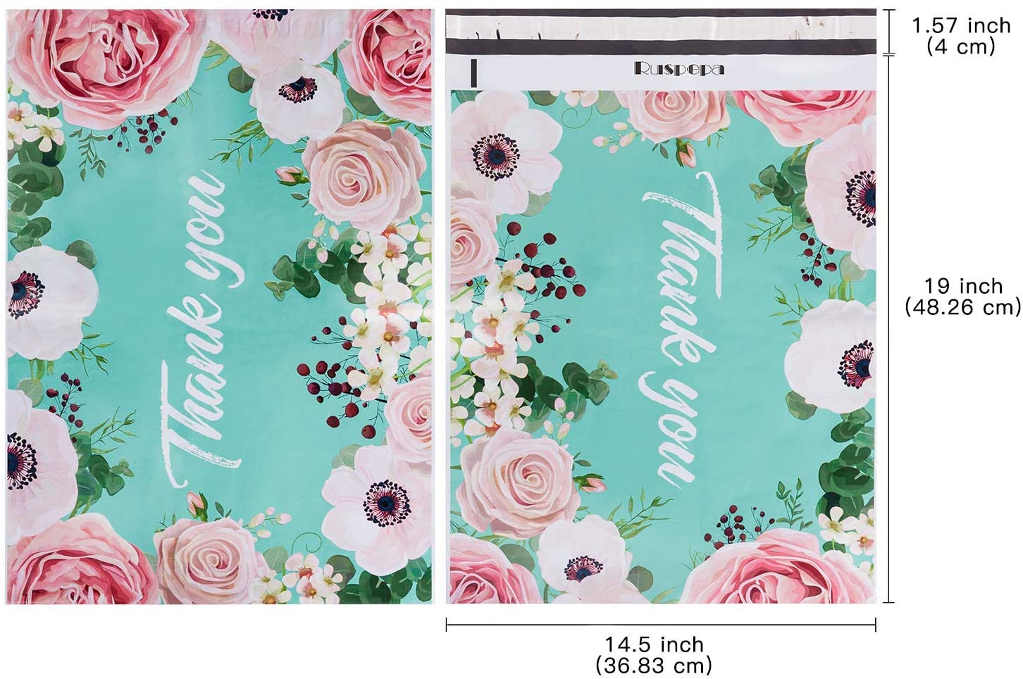 WRAPLA 37 x 48cm Poly Mailers Shipping Bags Thank You Notes Flowers Surrounded Teal Poly Mailers 3 Mil Heavy Duty Self Seal Mailing Envelopes - 50 Pack