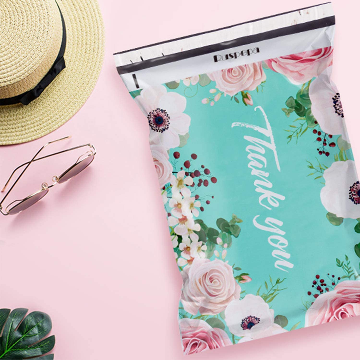 WRAPLA 37 x 48cm Poly Mailers Shipping Bags Thank You Notes Flowers Surrounded Teal Poly Mailers 3 Mil Heavy Duty Self Seal Mailing Envelopes - 50 Pack