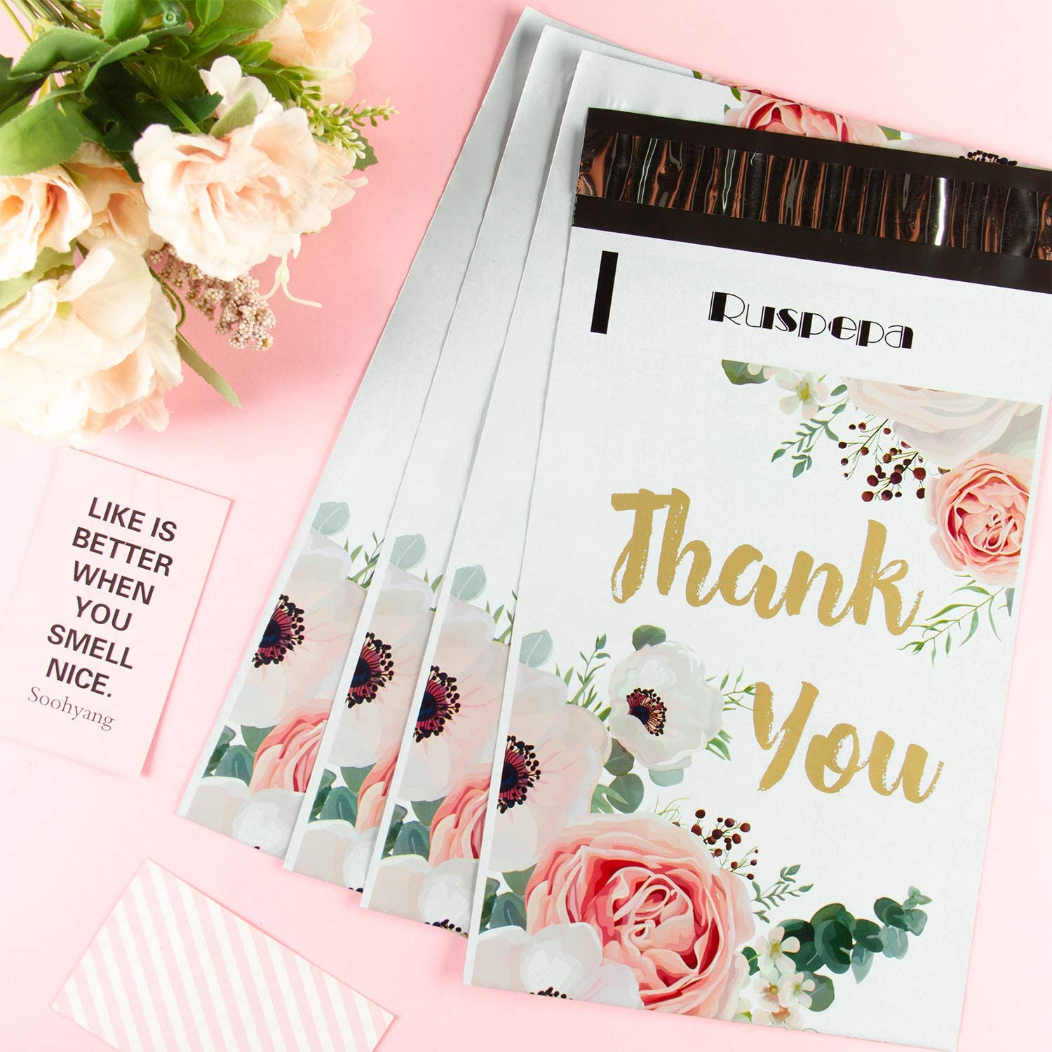 WRAPLA 15 x 23cm Poly Mailers Shipping Bags Thank You Notes Flowers Surrounded White Poly Mailers 2.3 Mil Heavy Duty Self Seal Mailing Envelopes - 100 Pack