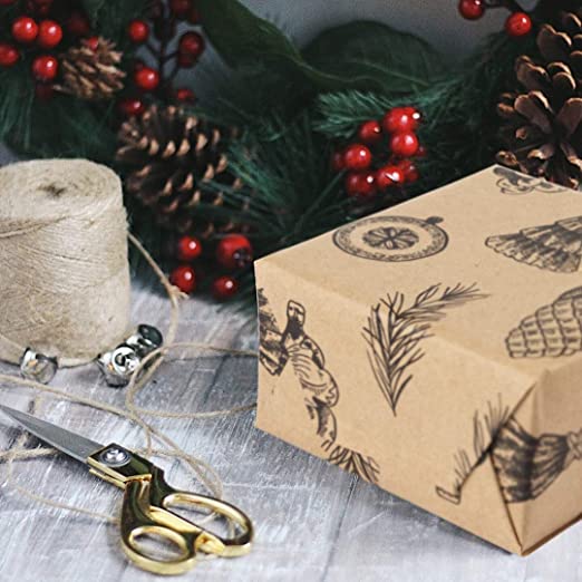WRAPLA Christmas Wrapping Paper - Kraft Paper with Red and Green Pattern for Wedding, Birthdays, Valentines, Christmas - 5 Roll - 76 cm X 3 m Per Roll
