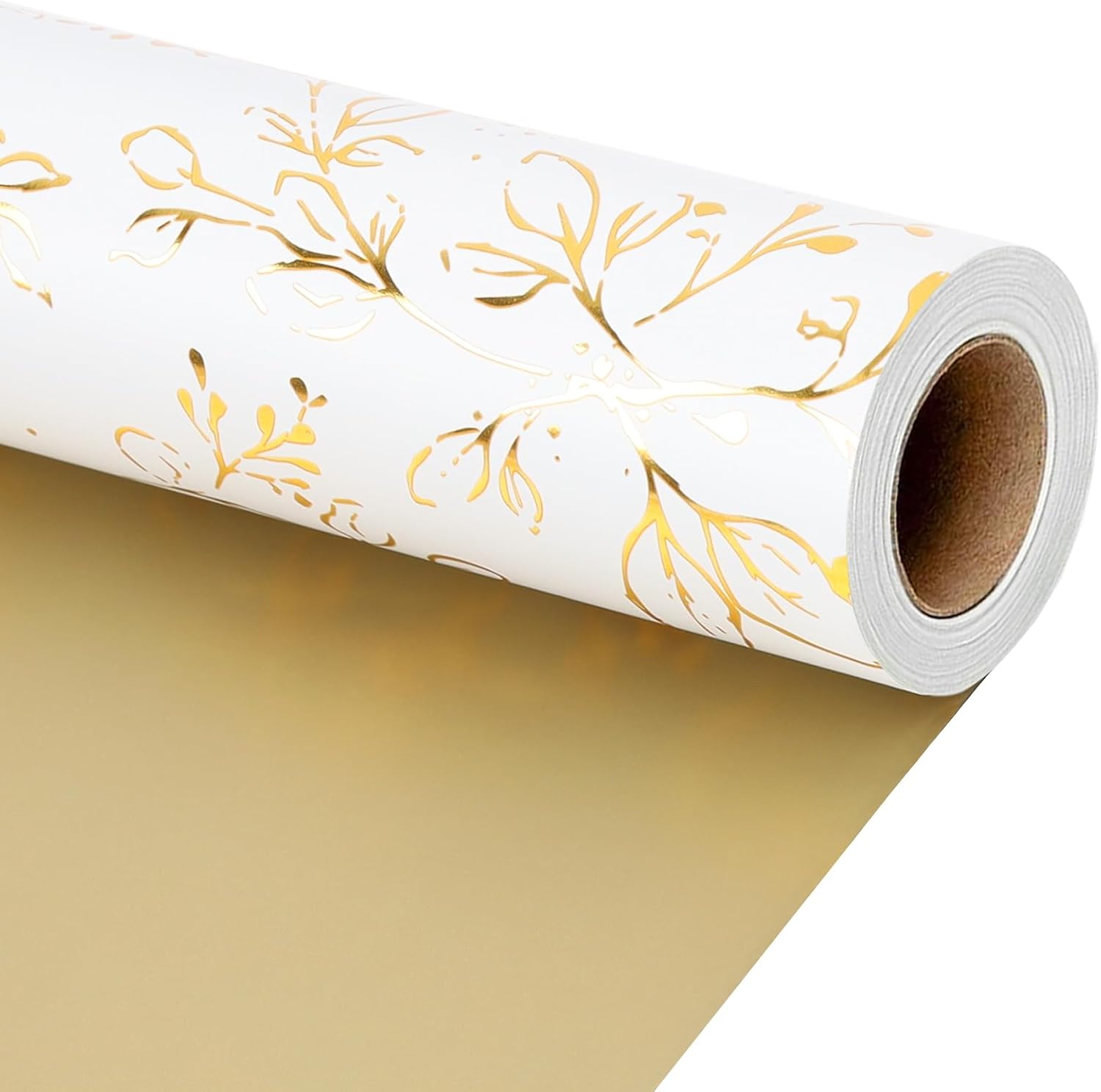 WRAPLA Luxury Wrapping Paper, White Gold Botanical Foil for Wedding Gifts