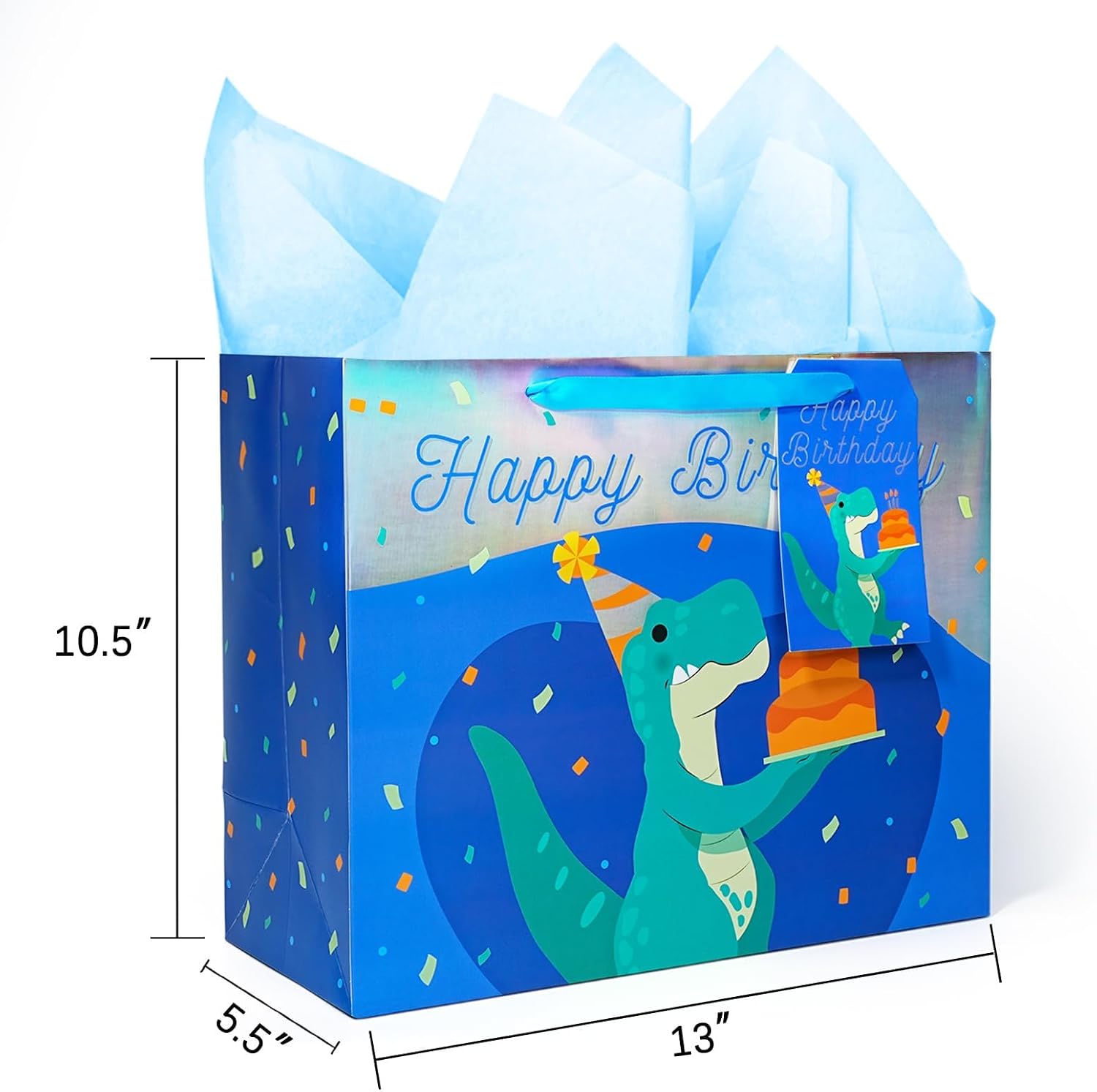 WRAPLA 13" Large Dinosaur Birthday Gift Bag, Blue Holographic Design