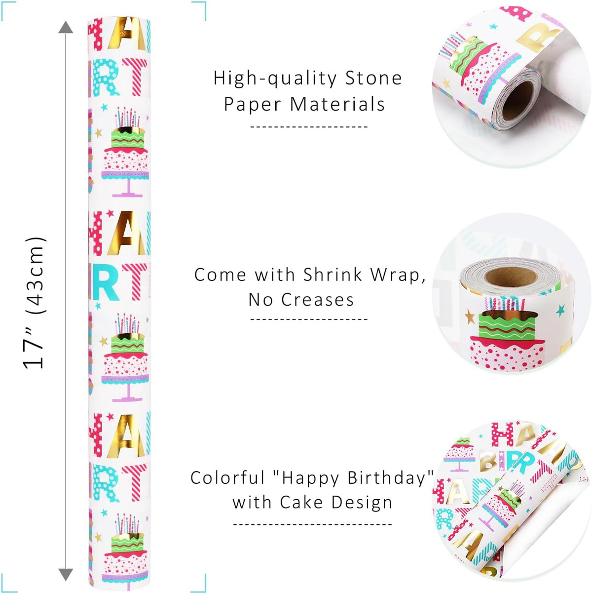 WRAPLA Colorful Wrapping Paper Roll - 17 Inches X 33 Feet (43cm X 10m) - Foil Happy Birthday and Cake Design Gift Wrap Stone Paper for Birthday, Baby Shower, Party, Holiday